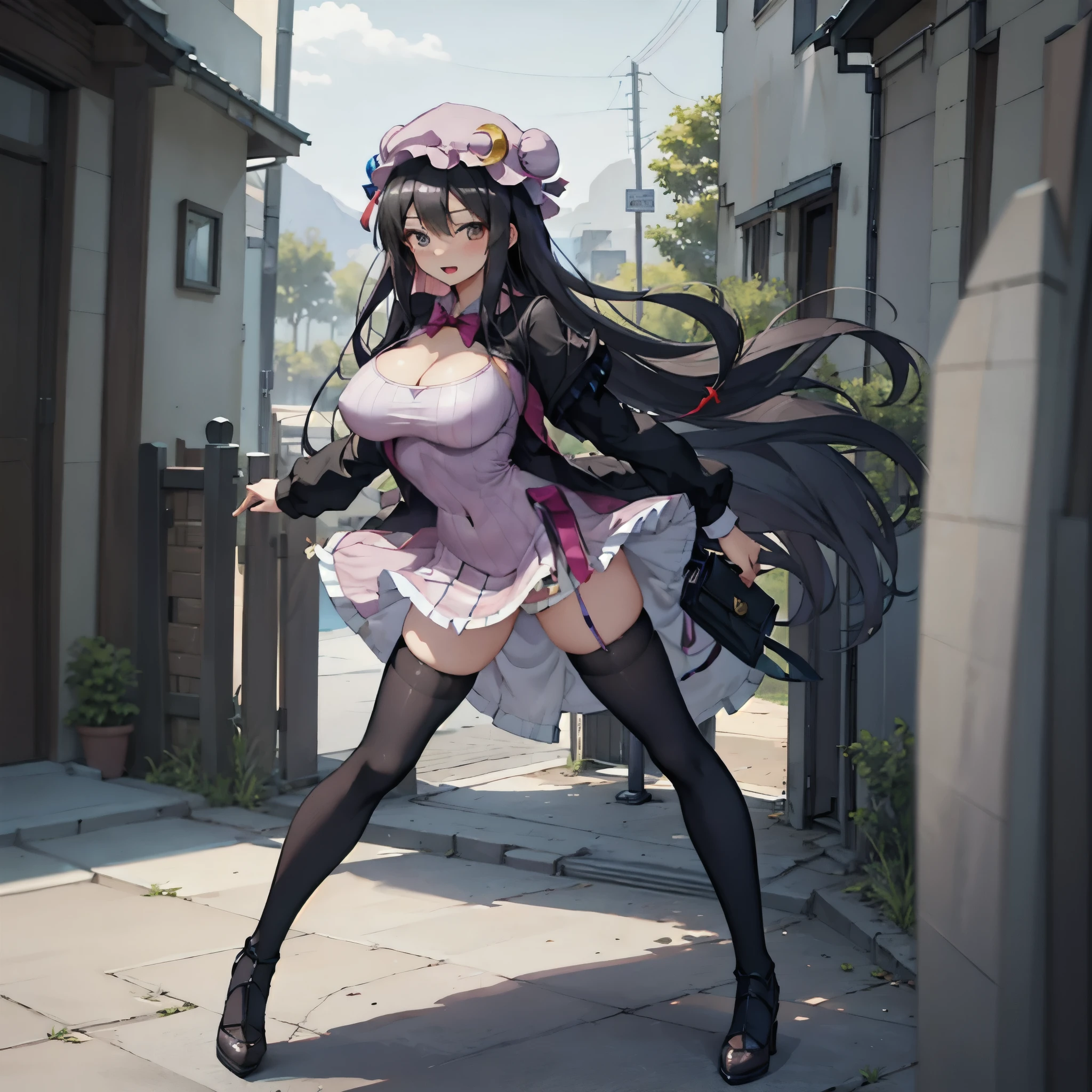 (Patchouli toho character), (standing at lakeside forest), outside, (standing with open legs wide:1.6), (arms behind back), (bending back), tiptoe, pigeon toed, BREAK, (disproportionately gigantic huge breasts:1.2), cleavage, inconceivably thin waist, very short torso, (thin long legs apart:1.23, BREAK, very short miniskirt, thigh gap, (black thighhighs:1.2), highheels, BREAK, smile for viewer, open mouth, nose blush, full body, (pussy juice)