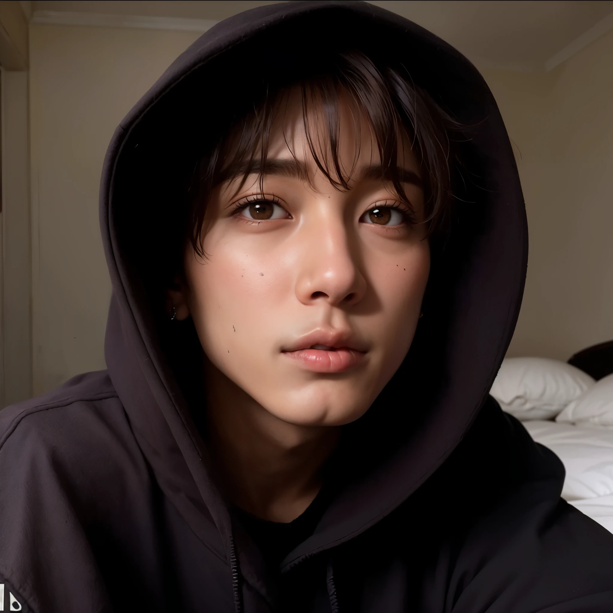 homem arafiado com capuz preto sentado em uma cama, Jungkook, pintar ulzzang, 1 , rosto magro, hyung jungkook, Jeon jungkook, adorable and pale korean face, homem sul-coreano, Jeon jungkook bts aesthetic, taken at the beginning of 2020, inspirado jungkook, imagem de perfil. Fleshy lips/ androgynous prince.