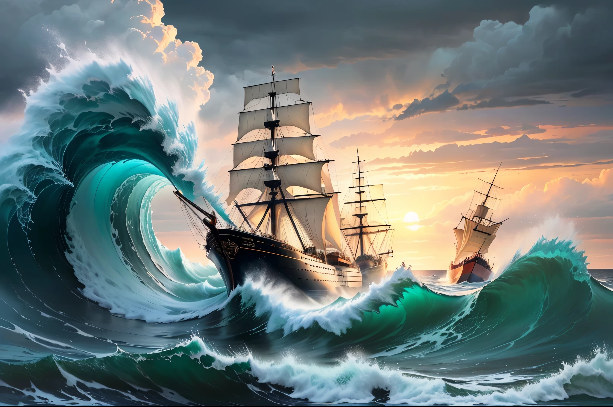painting depicting a sailing ship in a stormy sea with cloudy skies, a ship lost during a storm, a ship at sea, a gothic ship in the ocean, in a stormy sea with big waves, hd wallpapers, sailing ship, works by Jakub Ruzalski, Krzysztof Boguszewski, ships with sails, Brian Thomas, stormy sea.