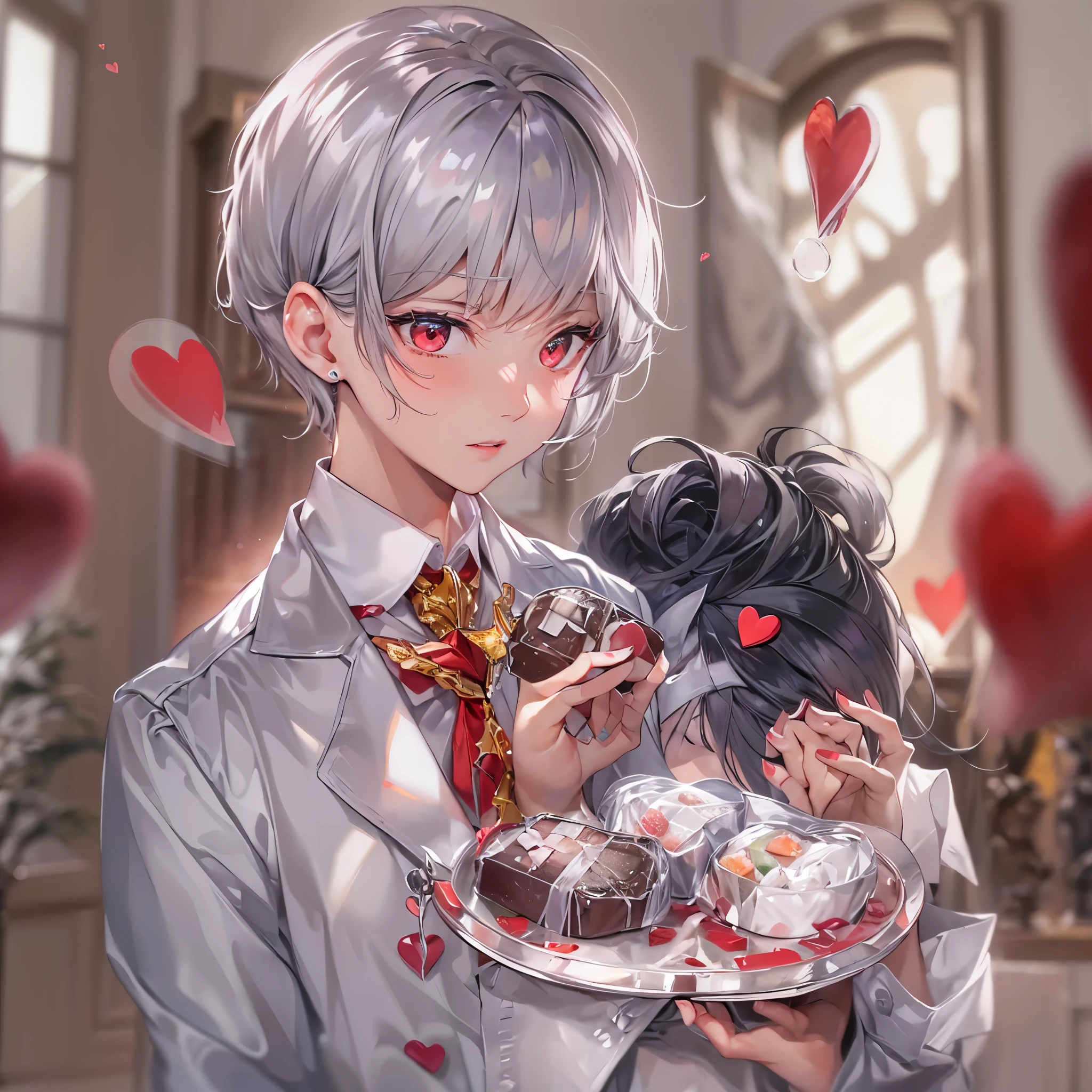 (perfect anatomy, masterpiece:1.2, best quality, 8k, beautiful detailed grow, daydreaming expression), break, ((holding Present beautifully wrapped Valentine's Day chocolates)) (solo silver short hair divine girly boy, Stinking red eyes, serious face), in a butler uniform, in the kicking's front door.