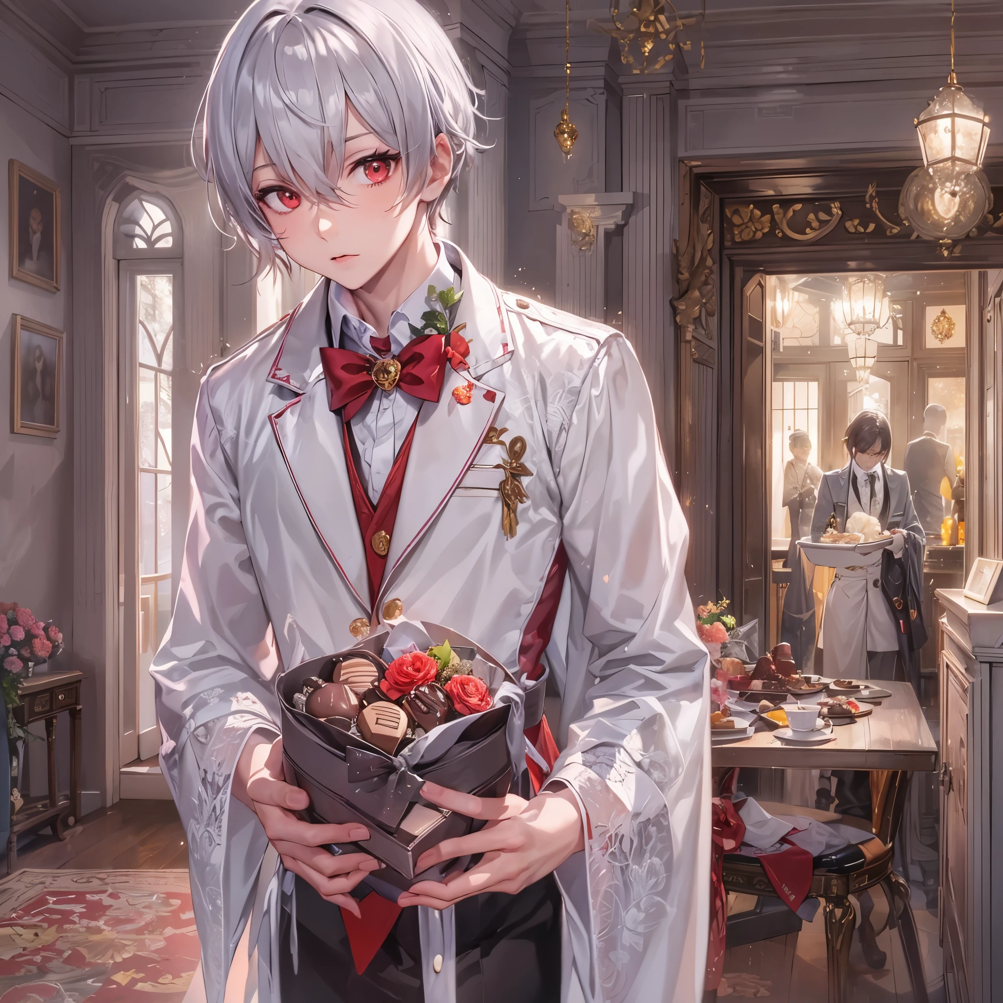 (perfect anatomy, masterpiece:1.2, best quality, 8k, beautiful detailed grow, daydreaming expression), break, ((holding Present beautifully wrapped Valentine's Day chocolates)) (solo silver short hair divine girly boy, detailed red eyes), in a butler uniform, in the kicking front door.