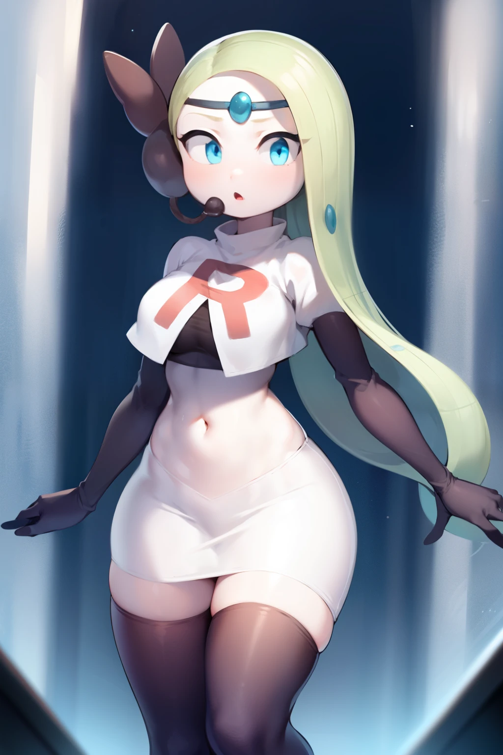 1girl, meloetta, pokemon \(creature\), white skin, blue eyes, team rocket,team rocket uniform,white skirt,red letter R,crop top,black thigh-highs,black elbow gloves