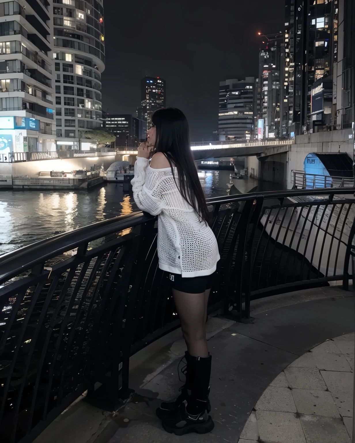 obra de arte, mulher tirando foto de um rio at night com um barco ao fundo, on the rooftop of Tokyo night, na cidade, em Neotokyo, On Tokyo's future night rooftop, on the rooftop of Tokyo's cyberpunk night, at night, tirada em 2 0 2 0, Located in Tokyo, Rooftop, em tóquio at night, on seashore, parado em uma rua da cidade