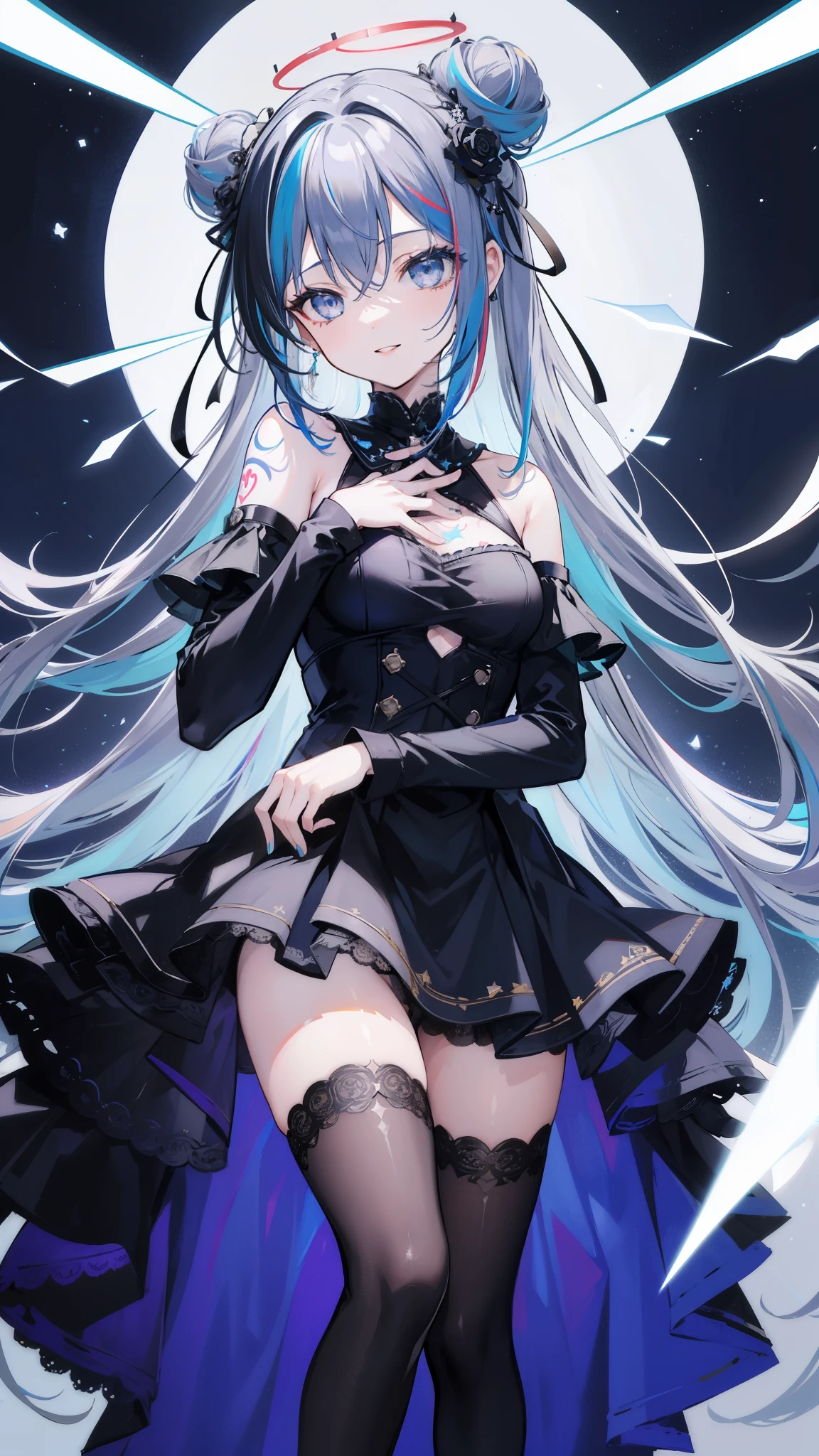 32k, 1girl, solo, long hair, breasts, bangs, hair ornament, thighhighs, gloves, dress, hair between eyes, bare shoulders, blue hair, flower, grey hair, multicolored hair, small breasts, frills, parted lips, black gloves, hair bun, black dress, streaked hair, tattoo, rose, halo, hand on own chest, single thighhigh, colored inner hair, blue thighhighs, official alternate hairstyle, official alternate hair length, star halo, ((smile)), 
