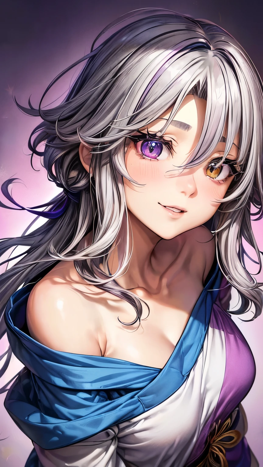 25 years old Japanese lady (( small breast, slender)), very short hair,((smooth curly hair)), (( rainbow colored ))(( various colors highlights)),(( so much shaggy forelock:1.4)), bluish purple shirt, wearing a blue hoodie((maple leaf patterns )), ((shiny heterochromia big droopy eyes)), eyelashes, passionate smile, tidy and easygoing atmosphere, ((face focus)), blush,closed eyes,