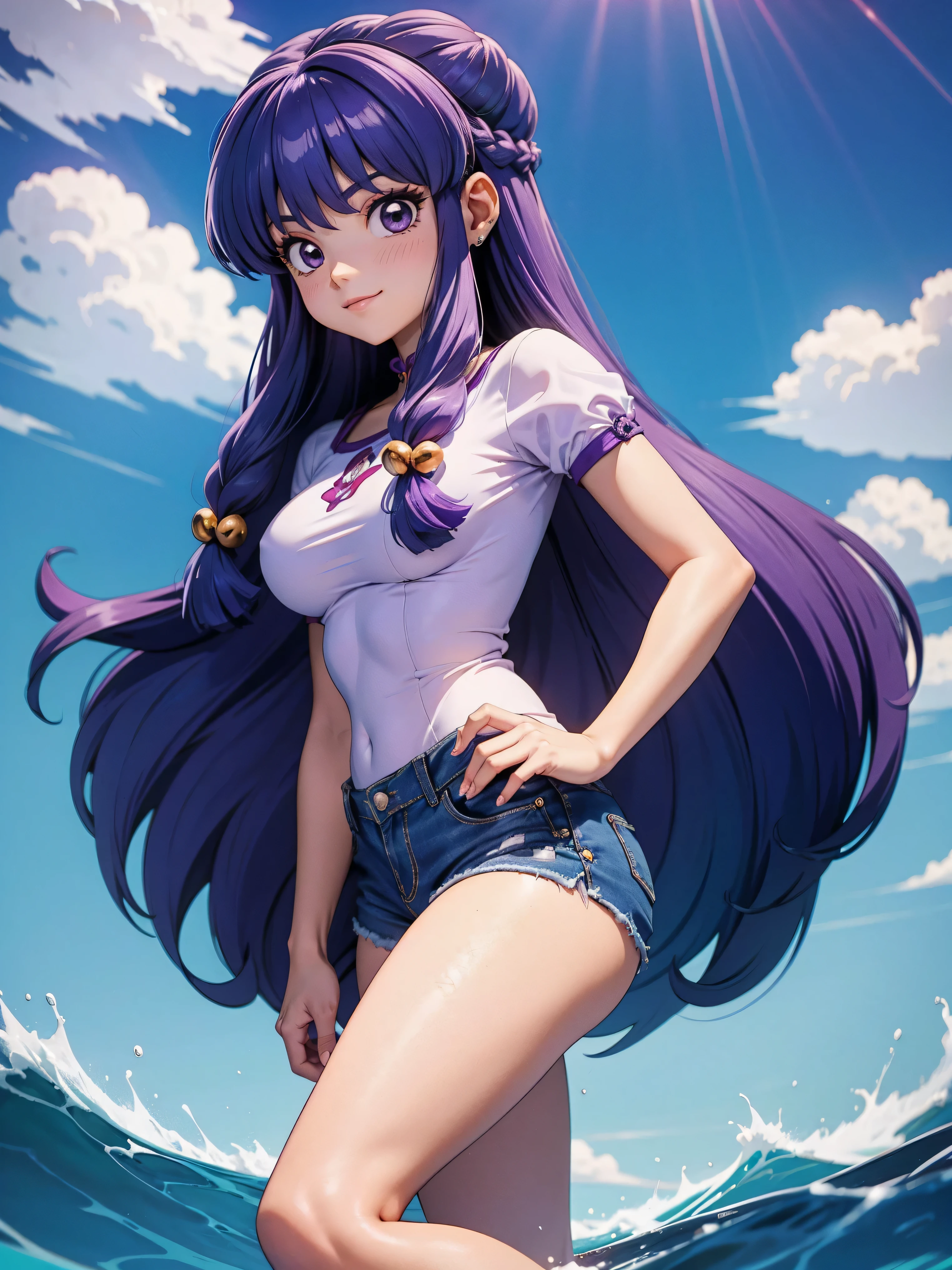 Garota anime sorrindo cabelo purple longo, usando blusa purple e bermuda jeans e sexy, *******, hand on hip and hand in hair, corpo bonito, seios grandes, cabelo roxo purple, long purple hair, garota sexy, purple hair long, gorgeous lighting, sombras suaves, olhos azuis, pernas bonitas, hair with braid, estilo anime, Personagrm Shampoo, Autora Rumiko Takahashi, Baseado em obra de Rumiko Takahashi, Anime Ranma 1/ 2, decote sexy, quadril robusto, corpo inteiro, corpo completo, busto grande, garota jovem com corpo belo e bonito, sandals on the feet, garota ******* jovem baixa estatura, vestindo blusa purple e bermuda jeans e sexy, garota anime, estilo anime, beautiful feet in sandals, viewing angle 45°, gesto sexy, peito estufado para frente