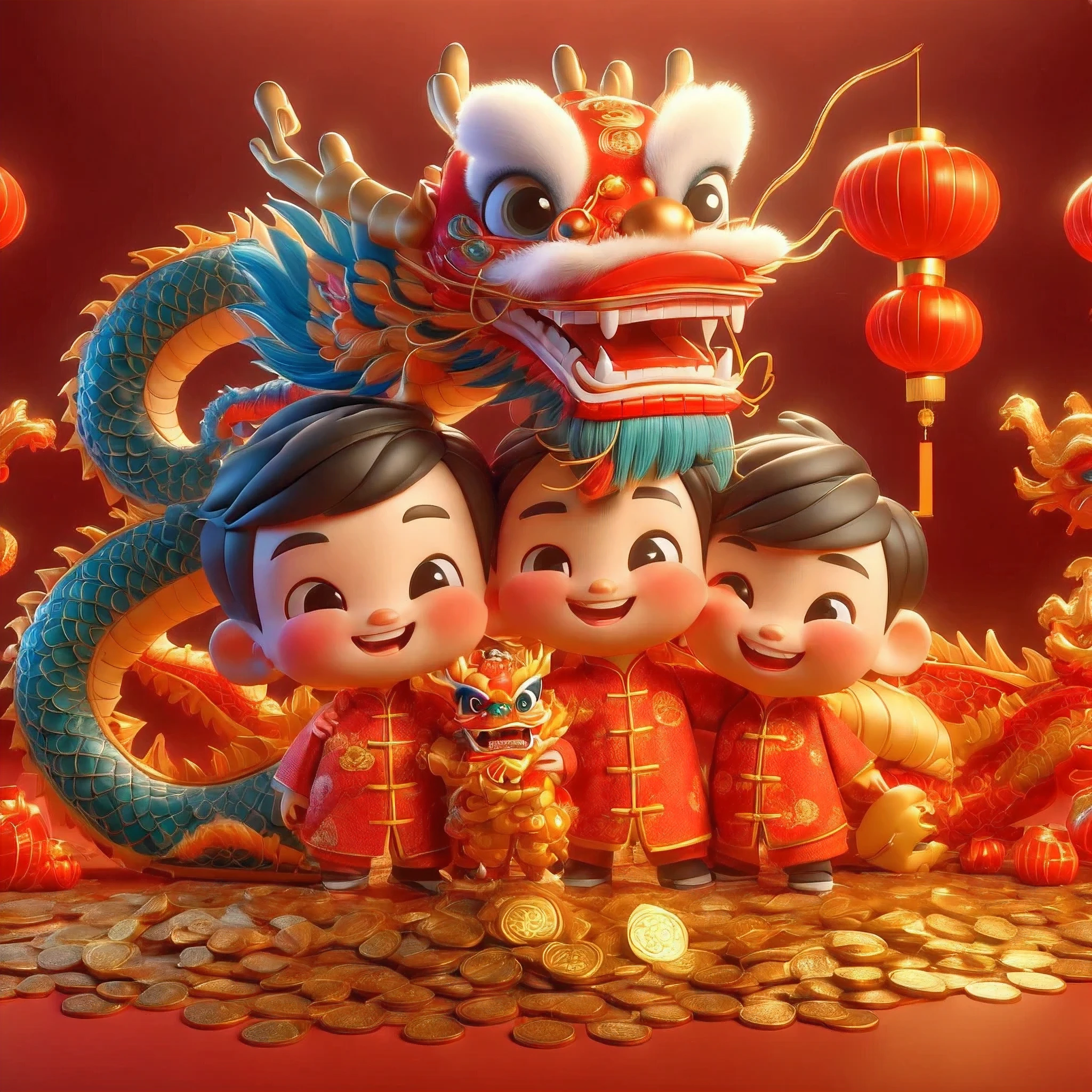 Two dolls hugging Chinese dragon，stand in the middle，red background, lantern, Happy smiling face, The ground was full of gold coins, 3D C4D rendering, (ultra high definition, masterpiece, precise, anatomically correct, Super details, high quality, best quality, 8k)