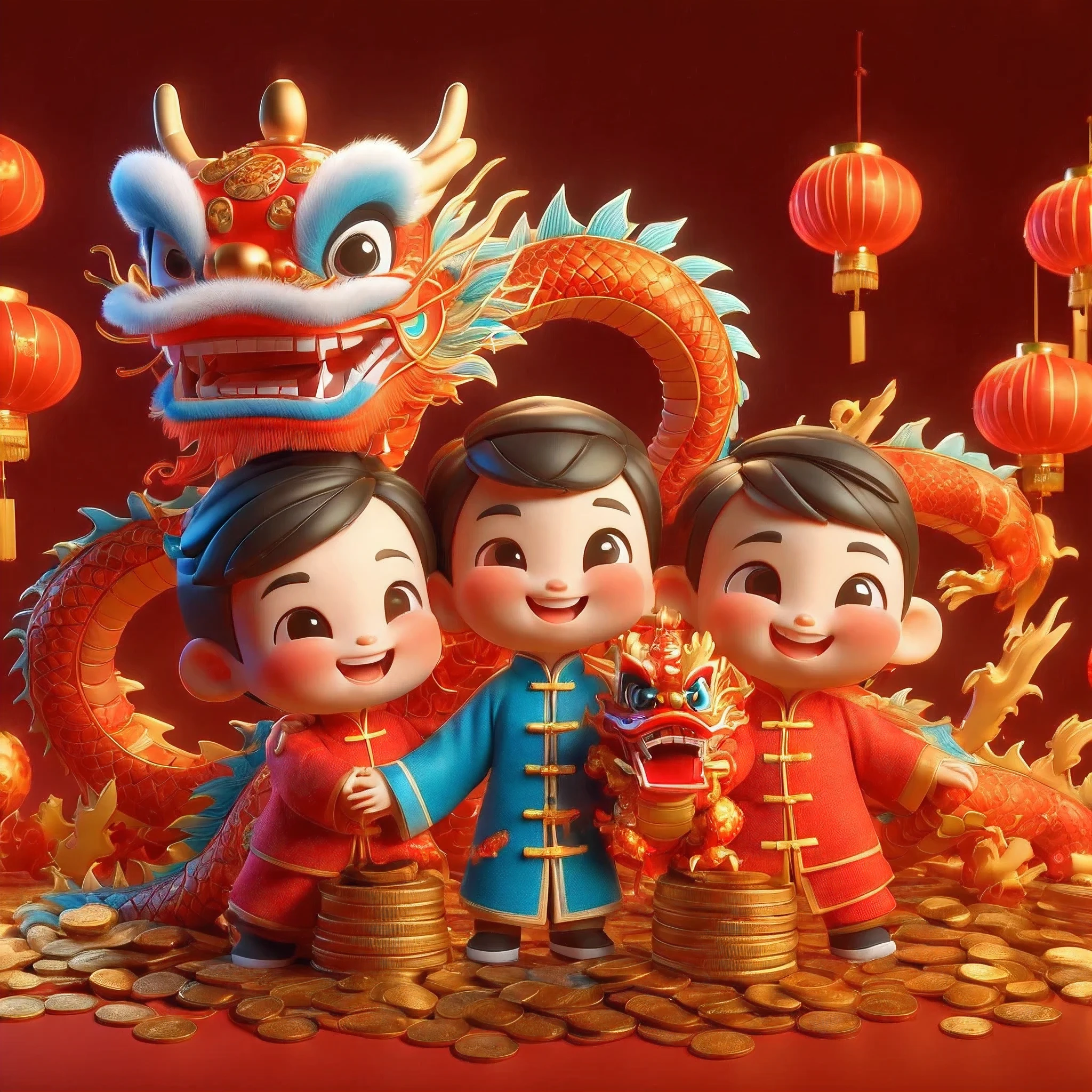 Two dolls hugging Chinese dragon，stand in the middle，red background, lantern, Happy smiling face, The ground was full of gold coins, 3D C4D rendering, (ultra high definition, masterpiece, precise, anatomically correct, Super details, high quality, best quality, 8k)