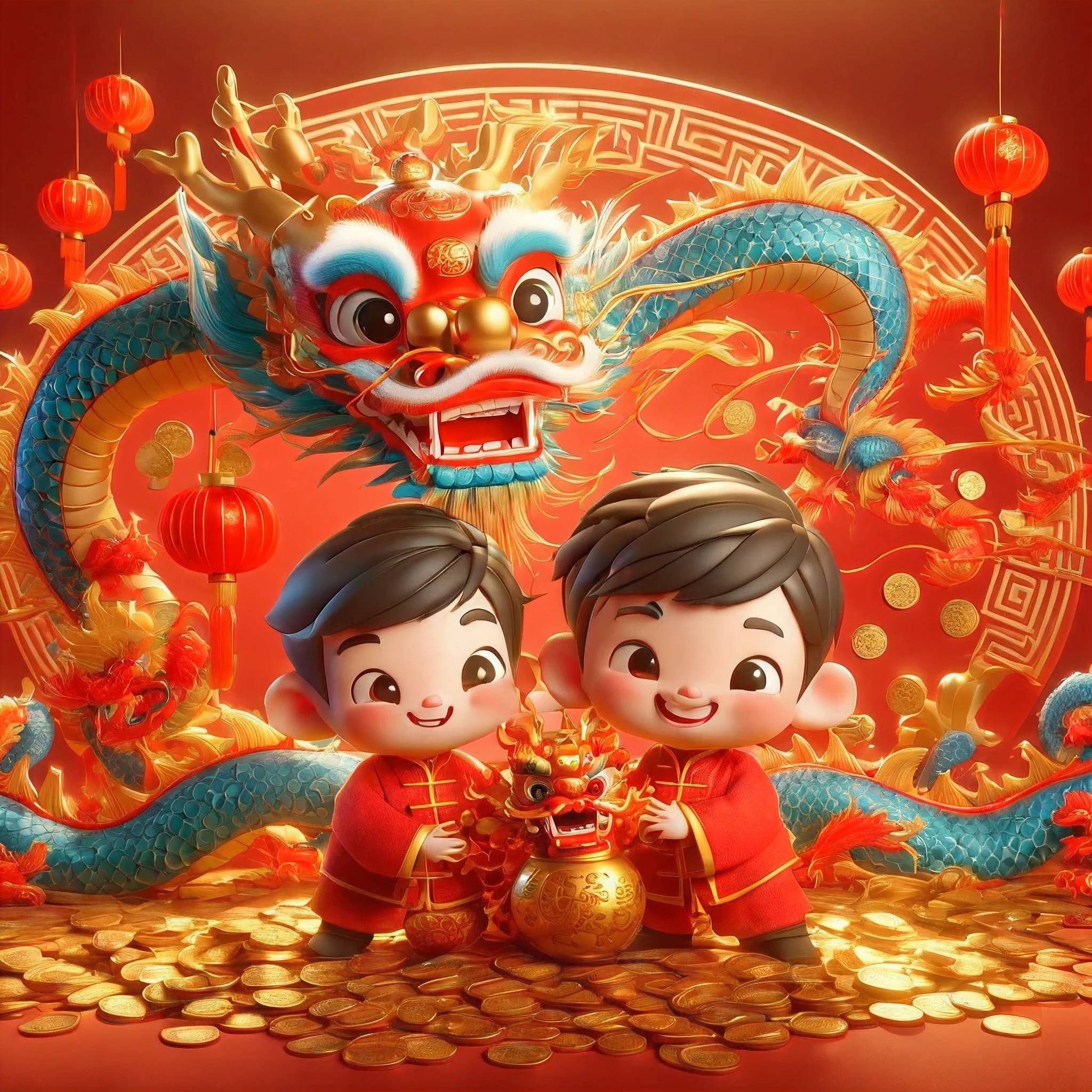 (masterpiece, best quality:1.2), Embrace the Chinese Dragon,red background, lantern, The ground was full of gold coins, 3D C4D rendering