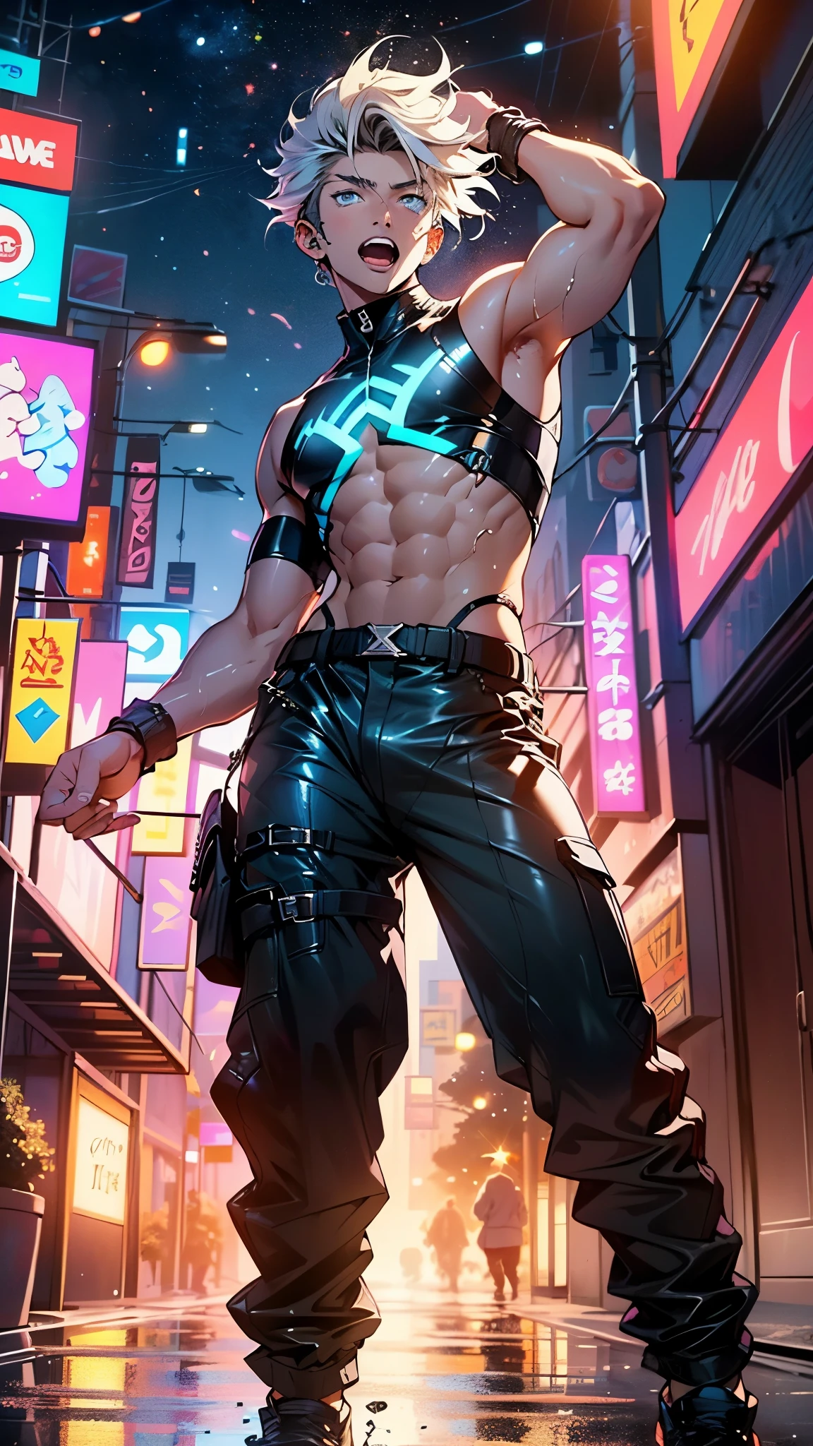 man:1.5,1 man,archer man,(((1man))),((man with aqua hair)),
(((1male,man:1.5,handsome man,male,male gender:1.5,male focus))),macho man,
((aqua messy hair,aqua hair,short hair,colored inner hair)),(((lustrous skin:1.5,tanned skin,bright skin: 1.5,skin tanned,shiny skin,very shiny skin,shiny body,illuminated skin))),(((aqua_eyes:1.2))),intricate eyes,beautiful detailed eyes,symmetrical eyes,((man chest)),handsome face,((muscular)),((detailed face)),
confident attitude,nsfw,
cyberpunk agent, ((holding a arch:1.5,bow and arrows in a quiver:1.5)), cyberpunk citizen in oversize techwear,((bulge in pants)),((cyberpunk archer outfit)),((wet clothes,intricate outfit,intricate clothes)),
(dynamic pose:1.0),solo focus,((evil smile,evil look)),(centered,scale to fit dimensions,Rule of thirds),
cyberpunk city by the ocean at night, with bright neon signs and dark stormy clouds and puddles, scenery:1.25,nighttime, starry night, cosmos,Very dark night that makes the neon lights stand out, very bright neon lights,nighttime, starry night, cosmos,
artistic photography,(photography taken by sldr),highres, sharp focus,(ultra detailed, extremely detailed), (photorealistic artwork:1.37),(extremely detailed CG unity 8k wallpaper),((synthwave background theme)),(((vibrant colors))),intricate,(intricate background),(masterpiece),(best quality),photo realistic,analog style,((intricate detail)),(((realism))),