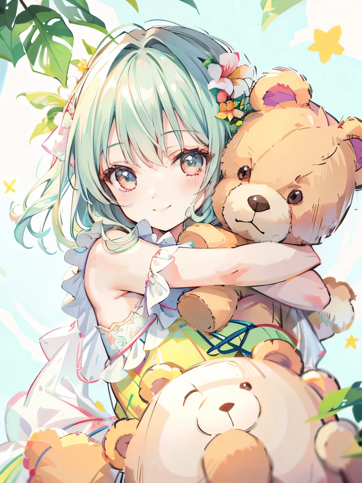 girl,tropical dress,((hugging a teddy bear)),smile,cute,close up of face
