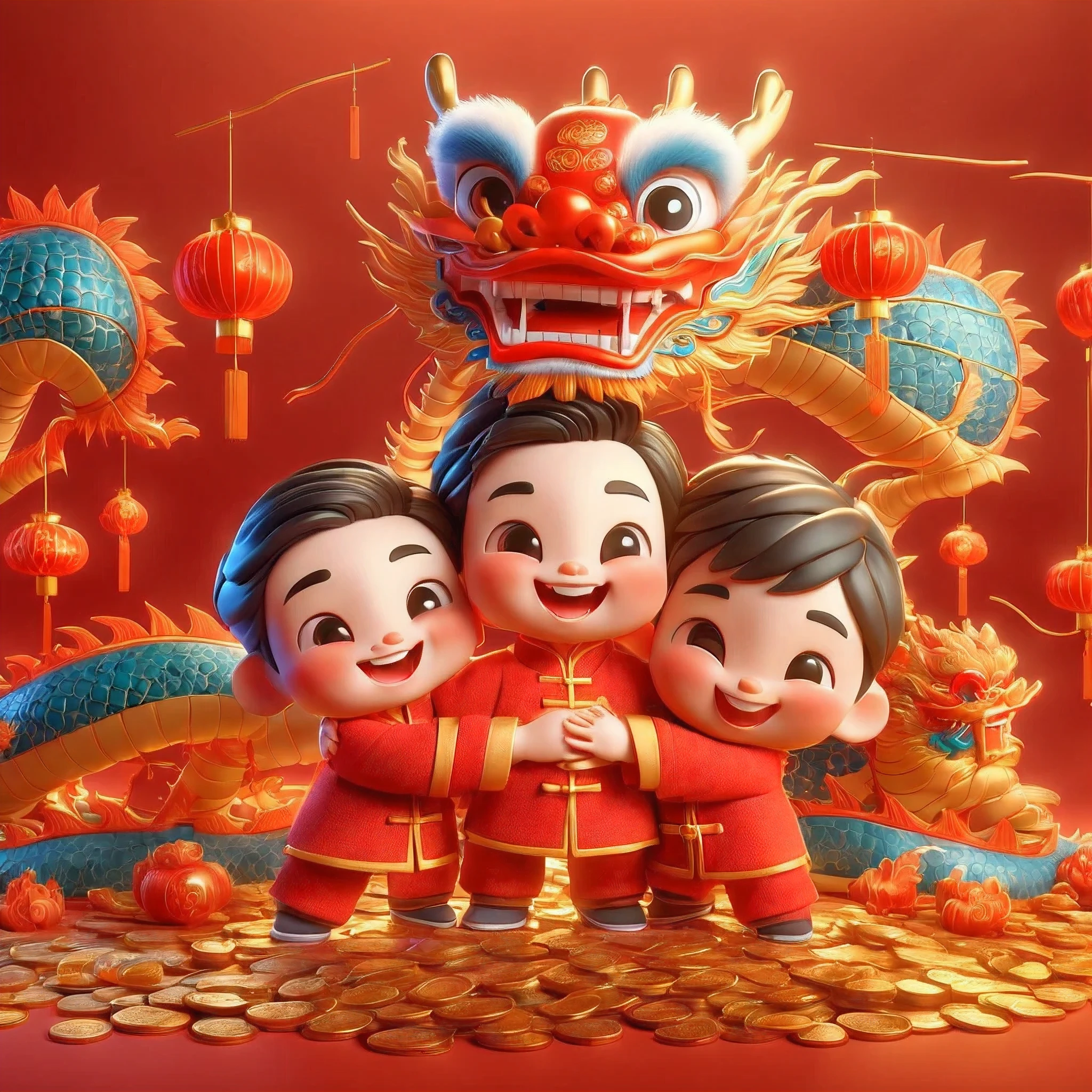 (masterpiece, best quality:1.2), Two dolls hugging Chinese dragon,red background, lantern, happy smiley face, The ground is full of gold coins, 3D C4D rendering