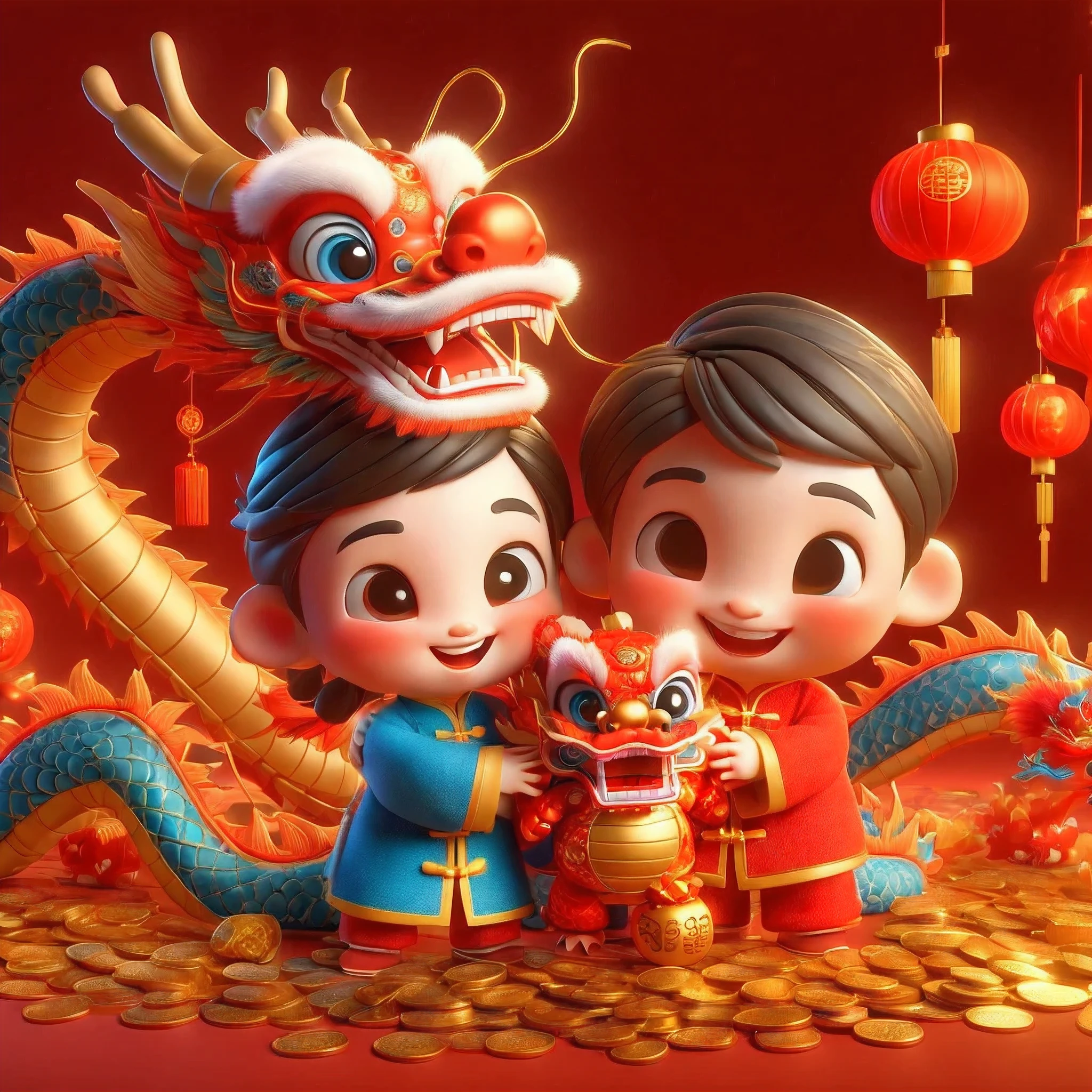 (masterpiece, best quality:1.2), Two dolls hugging Chinese dragon，red background, lantern, Happy smiling face, The ground was full of gold coins, 3D C4D rendering