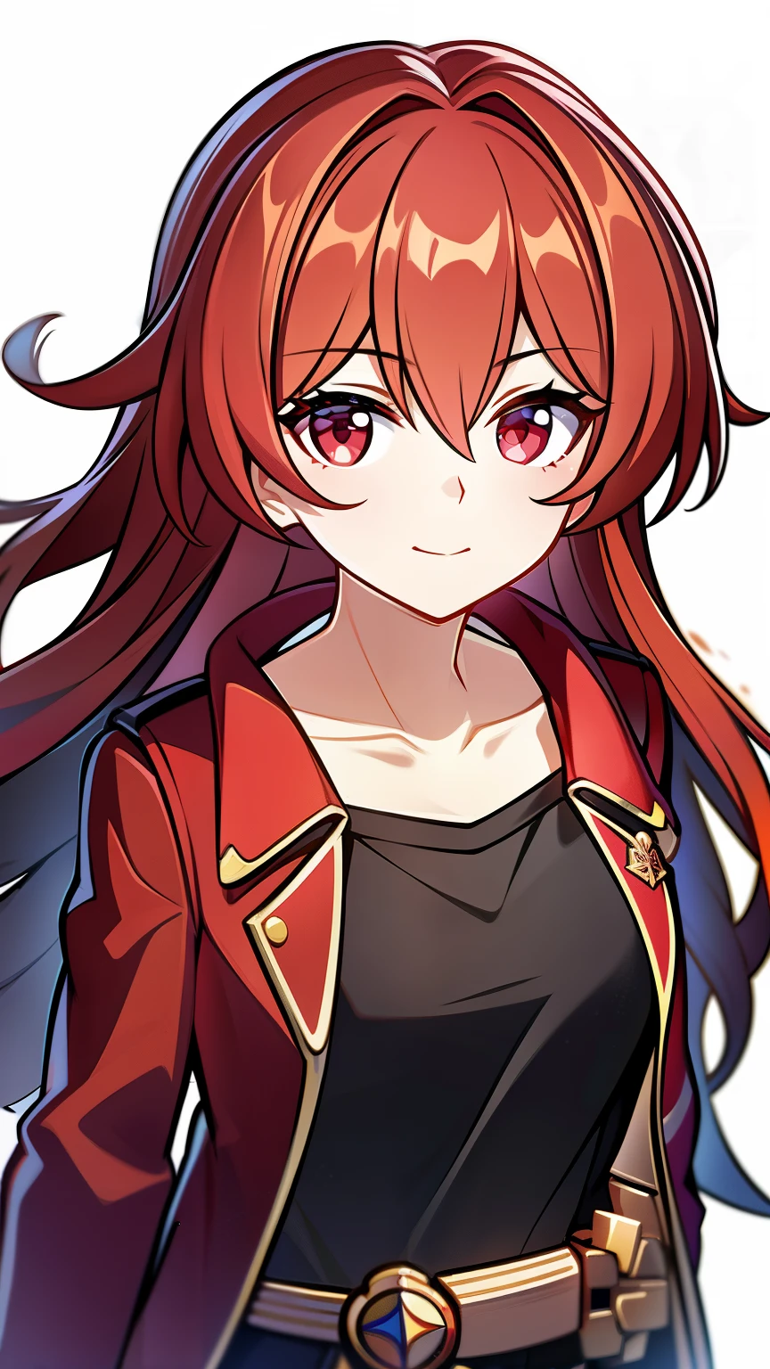 (high-quality, breathtaking),(expressive eyes, perfect face) 1girl, female, solo, age 10, adolescent age, red color hair, red hair like fire, crimson red eye color, curly wavy hair, long hair length, cute smile, shirt, pants, jacket, honkai star rail art style, honkai star rail inspired, soft kind expression, splash art, 4" Height, cute face, childlike face, calm expression, fantasy clothing, adventurers outfit, trailblazer, decals on clothing, jewellery 
