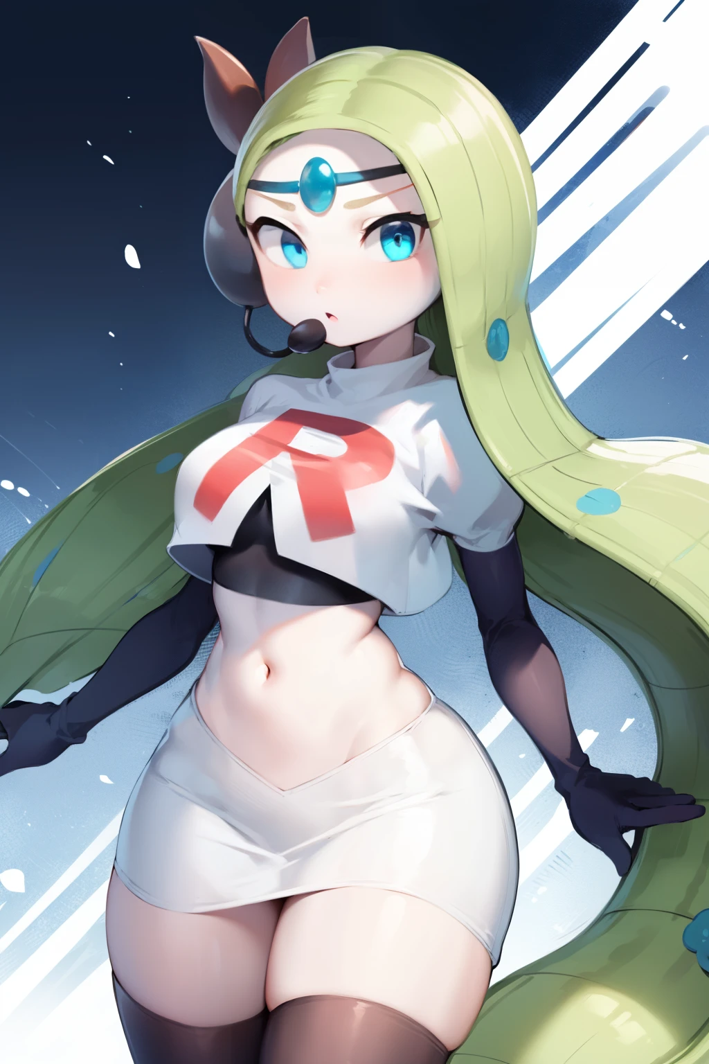 1girl, meloetta, pokemon \(creature\), white skin, blue eyes, team rocket,team rocket uniform,white skirt,red letter R,crop top,black thigh-highs,black elbow gloves