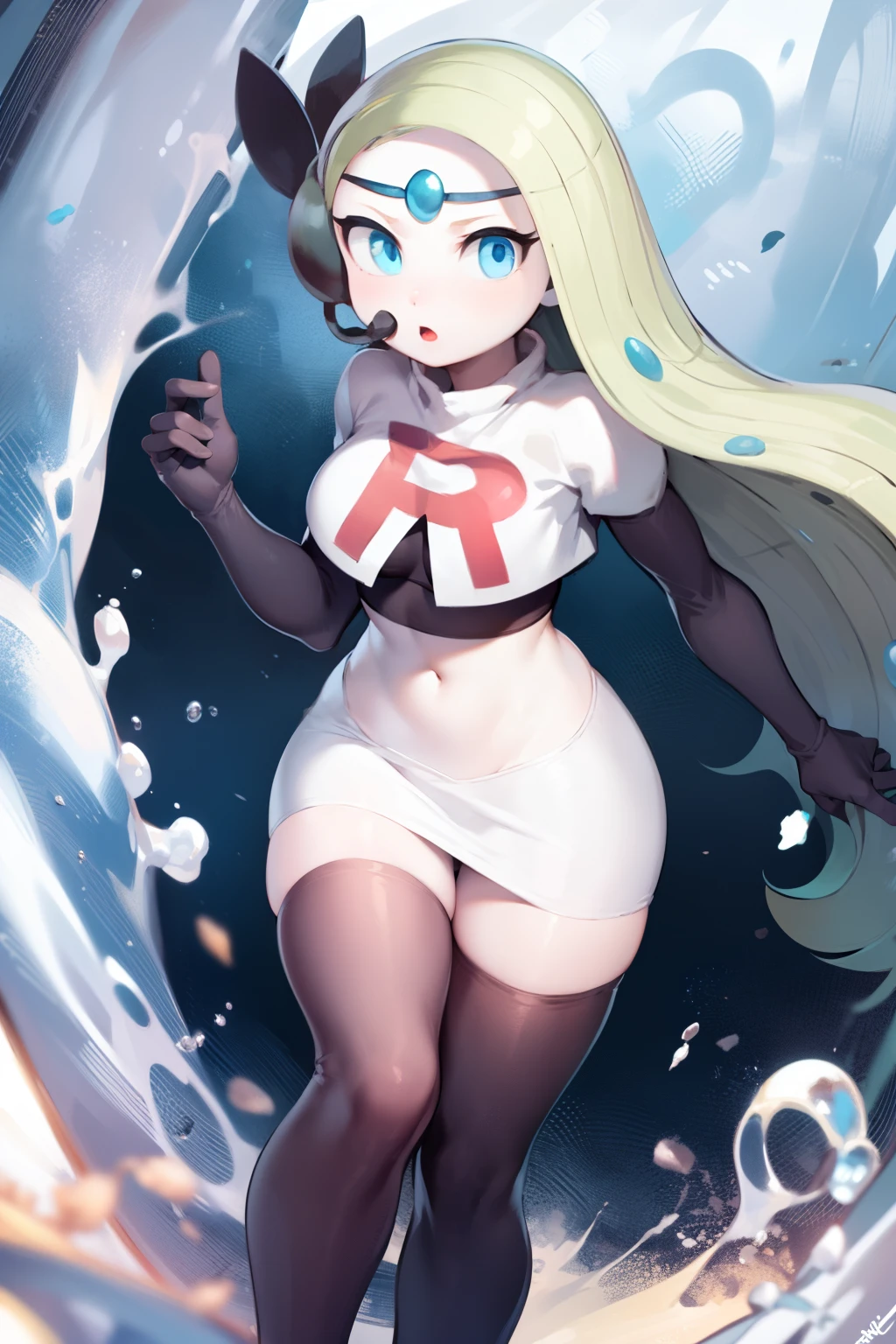 1girl, meloetta, pokemon \(creature\), white skin, blue eyes, team rocket,team rocket uniform,white skirt,red letter R,crop top,black thigh-highs,black elbow gloves