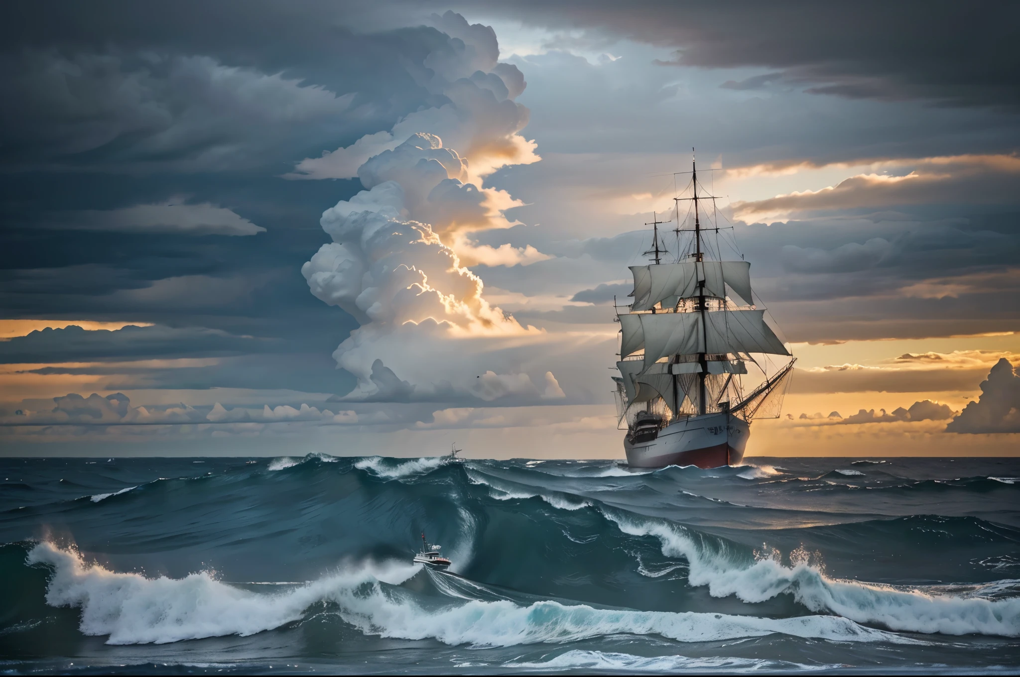 painting depicting a sailing ship in a stormy sea with dark cloudy skies and lightniing, a ship lost during a storm, a ship at sea, a gothic clipper ship on the ocean, in a stormy sea with big waves, hd wallpapers, sailing ship, works by Jakub Ruzalski, Krzysztof Boguszewski, ships with sails, Brian Thomas, stormy sea., high detail, masterpiece, highres, high details, super detail, ccurate