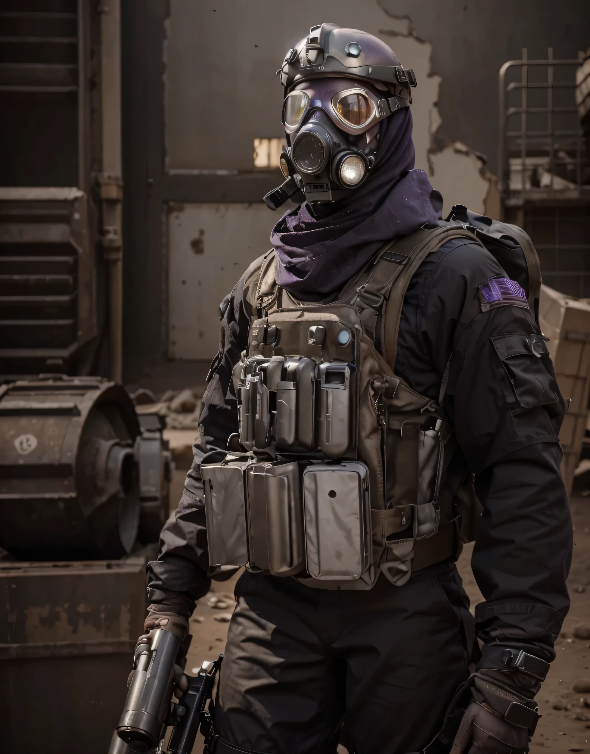 Soldado masculino, casco gris moderno, with round visors with purple glass and tactical gas mask, hijab morado, mono gris claro, chaleco antibalas de metal con bombas de metal en el frente, arneses y cinturones con municiones, Tubos y cables, guantes de cuero negro, sostiene una pistola, esta en el desierto, big explosion of scarlet smoke, 4k, ultra detallado image, Realista, muy detallado, perfect composition, gorgeous, Intrincadamente detallado, incredibly detailed, 8 k artistic photography, hiper detallado, obra maestra, ultra detallado, hyper Realista, 4k, ultra detallado image, Realista, muy detallado, perfect composition, hermoso, Intrincadamente detallado, incredibly detailed, 8 k artistic photography, hiper detallado, obra maestra