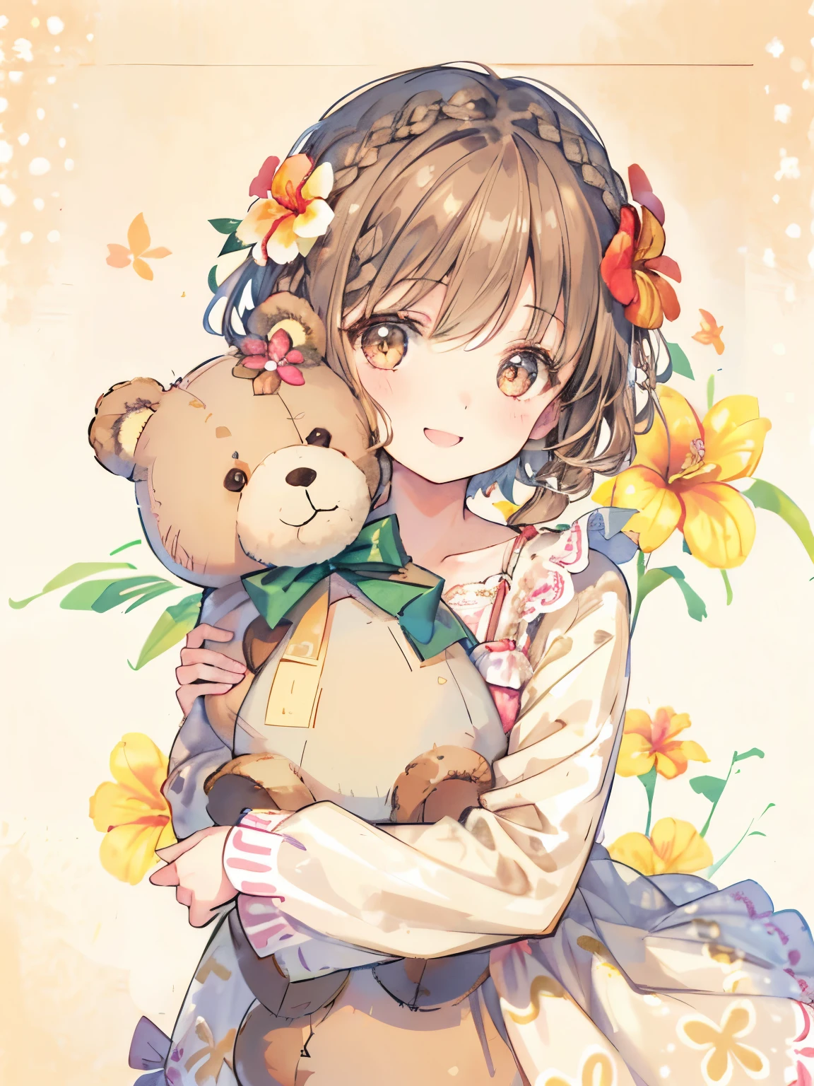girl,((light brown hair)),((short hair)),((braid:1.2)),tropical dress,((hugging a teddy bear)),big smile,cute,close up of face,(Flower background:1.3)