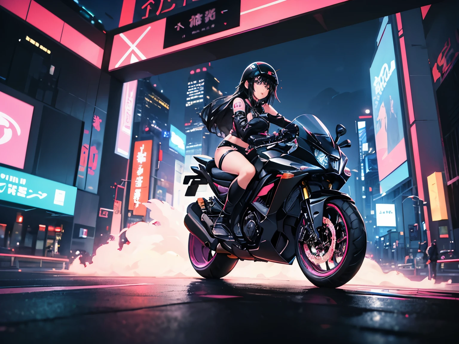 highest quality, 8K, masterpiece,1 girl, very cute girl,Suko Kusanagi, (black hair half helmet:1.3), (ride one bike,black pink motorcycle,),Cyberpunk world,night city,neon,