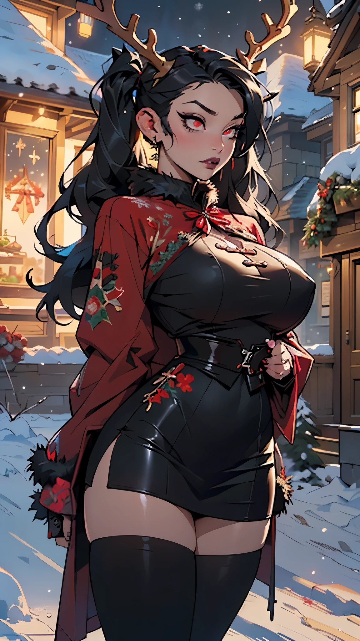 gothic reindeer girl,(((1girl))),((extremely cute and beautiful black hair anime gothic reindeer girl)),

(((anthro furry:1.2), Playboy_Reindeer, reindeer_antlers,(huge antlers:1.5,dear antlers:1.5,blooming antlers:1.5))),(large breasts:1.4),saggy breasts,((((black hair twintails:1.35,large hair twintails,ear breathing)))),(((red_eyes:1.3))),intricate eyes,beautiful detailed eyes,symmetrical eyes,big eyes:1.5,(((lustrous skin:1.5,bright skin: 1.5,skin tanned,shiny skin,very shiny skin,shiny body,plastic glitter skin,exaggerated shiny skin,illuminated skin))),(spider lower abdomen,narrow waist,wide hip,athletic body,inflated legs,thick thighs,detailed body,(detailed face)),

cute,slutty,seductive,erotic,(((nsfw))),

zettai ryouiki,revealing clothing,show skin,(((Sexy goth fur coat, goth fur coat outfit, wearing a goth fur coat:1.3,dark red winter coat))),((red goth mini-skirt,red goth mini skirt with furry edge,visible thong straps, navel)),((underpants strap)),(red gothic clothes,semi-naked,with little goth clothing),((((Black Eyeshadow,Thick Black Eyeliner,Long Dramatic Eyelashes,Black Lips))),(((intricate outfit,intricate clothes,embroidered outfit,ornate outfit))),

(dynamic pose:1.0),embarrassed,(centered,scale to fit dimensions,Rule of thirds),

(((winter town decked out in festive decorations))),(((majestic Christmas tree))),(((sparkling lights over the village))),(((star-topped tree))),(((festive village square))),(((snow))),(((snow-covered scene))),(((winter wonderland))),(((snowflakes))),(((cottages and houses))),(((scenery))),

(Glossy winter ornaments),highres,sharp focus,(ultra detailed,extremely detailed),(photorealistic artwork:1.37),(extremely detailed CG unity 8k wallpaper),(((vibrant colors,vibrant theme))),(intricate),(masterpiece),(best quality),
