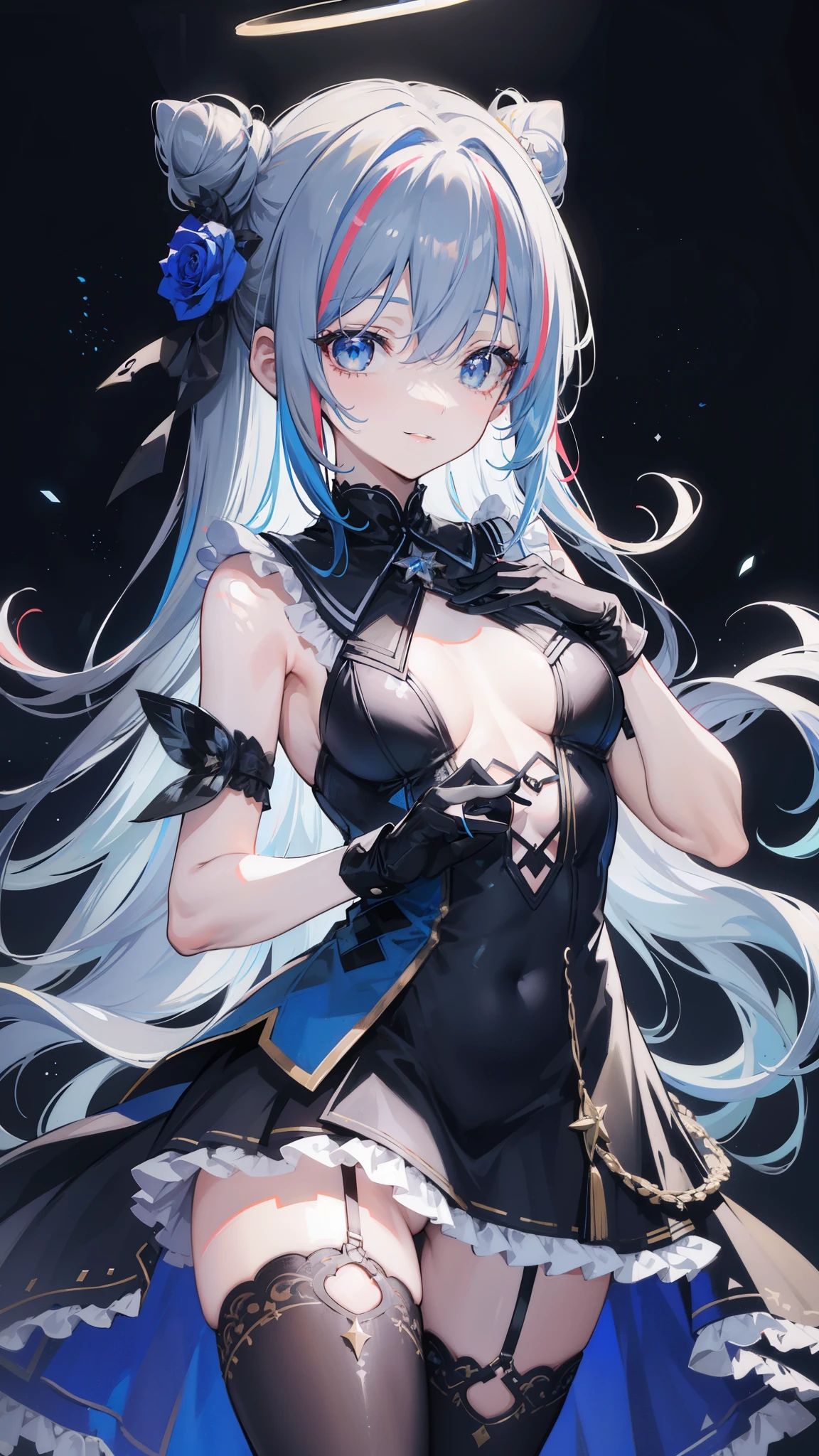 32k, 1girl, solo, long hair, breasts, bangs, hair ornament, thighhighs, gloves, dress, hair between eyes, bare shoulders, blue hair, flower, grey hair, multicolored hair, small breasts, frills, parted lips, black gloves, hair bun, black dress, streaked hair, tattoo, rose, halo, hand on own chest, single thighhigh, colored inner hair, blue thighhighs, official alternate hairstyle, official alternate hair length, star halo, ((smile)),