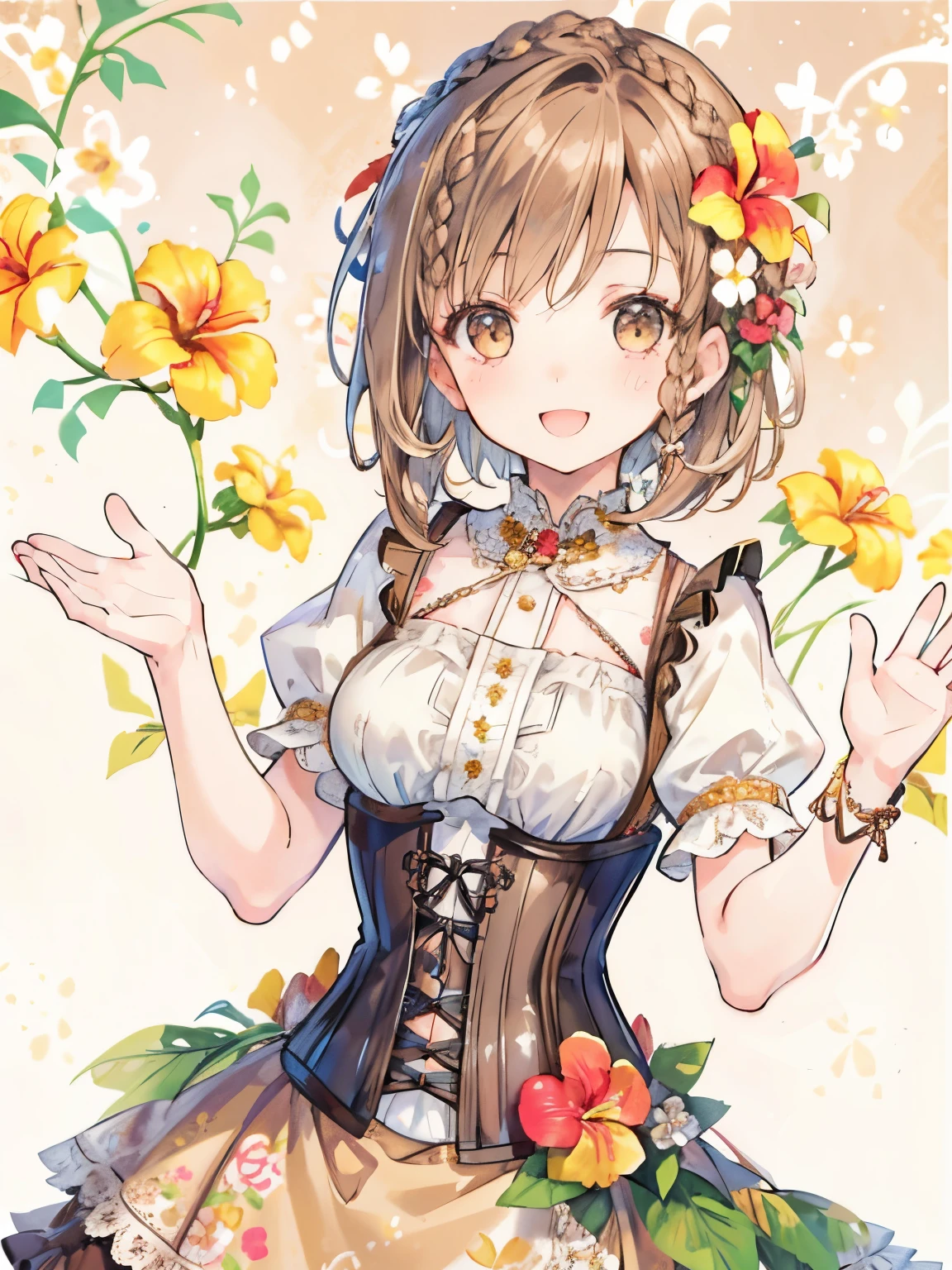 girl,((light brown hair)),((short hair)),((braid:1.2)),((corset naked)),big smile,cute,close up of face,(Flower background:1.3),(NSFW:1.3),((angle from below))