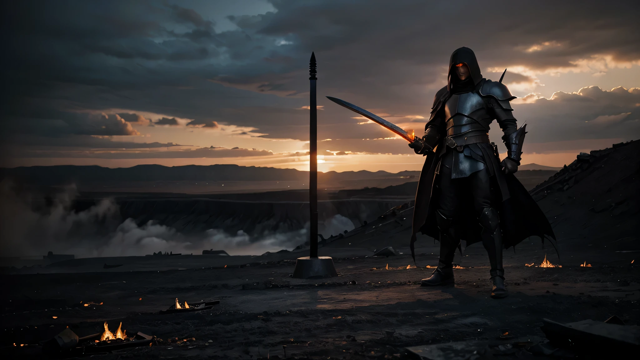 Shadowy dark powerful figure wearing flowing black torn robes over armour, swinging a large fiery claymore sword standing in a desolate hellish landscape surrounded by piles of fallen enemy demon bodies.