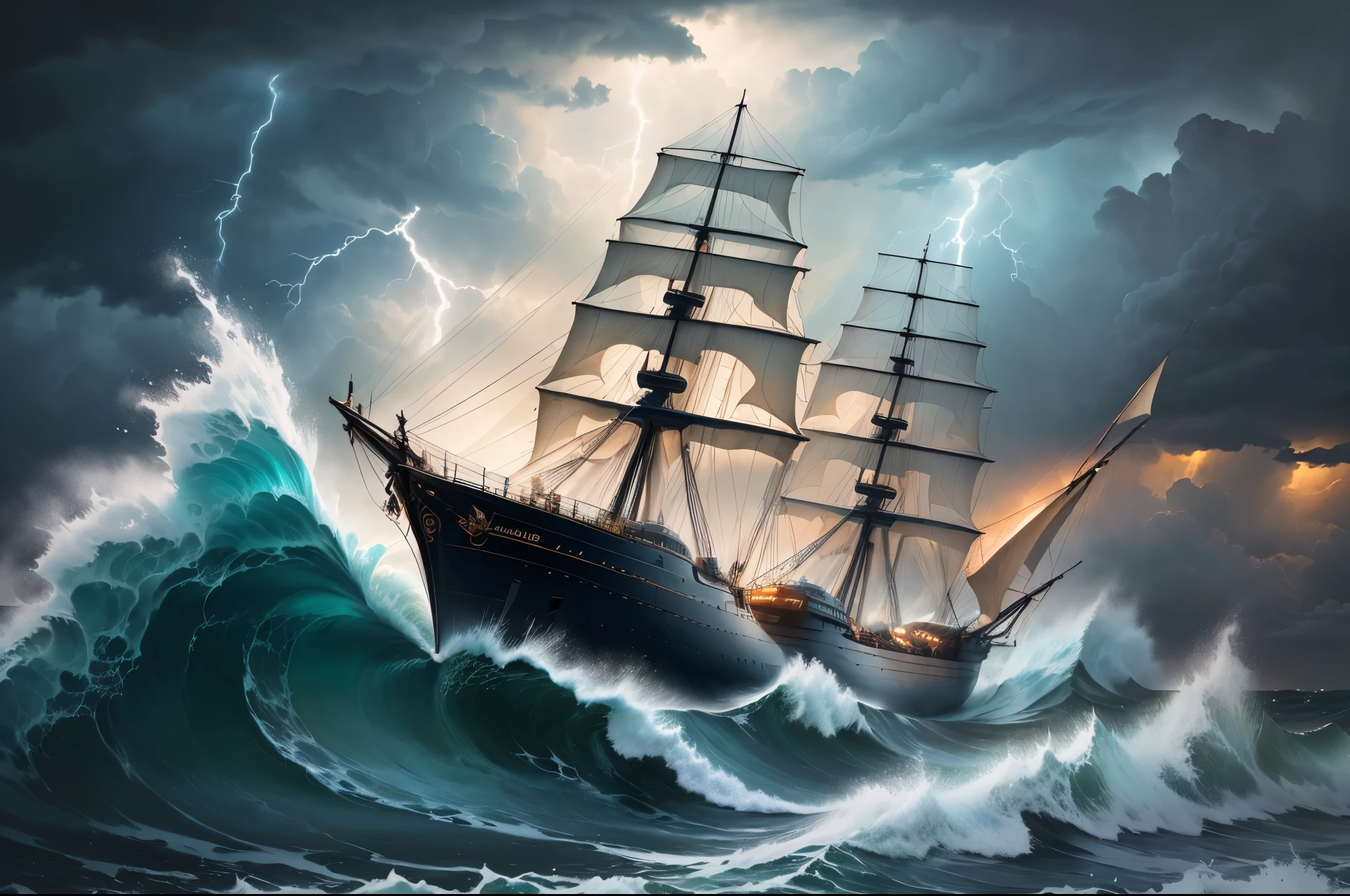 a sailing ship in a stormy sea with dark cloudy skies and lightning, a ship lost during a storm, a ship at sea, a gothic clipper ship on the ocean, in a stormy sea with big waves, hd wallpapers, sailing ship, works by Jakub Ruzalski, Krzysztof Boguszewski, ships with sails, Brian Thomas, stormy sea., high detail, masterpiece, highres, high details, super detail, accurate