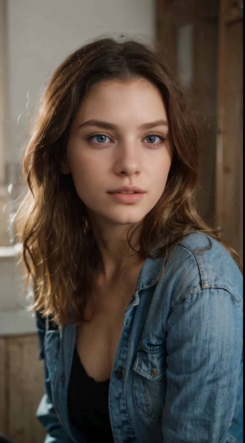 beautiful european girl with blue eyes and blonde hair in black top and jean jacket posing for a picture, (Extra long wavy blonde hair), profile image, ultra high resolution, (photorealistic: 1.4), high resolution , (finely detailed skin), (perfectly proportions) (photos realistic)(Best Quality)