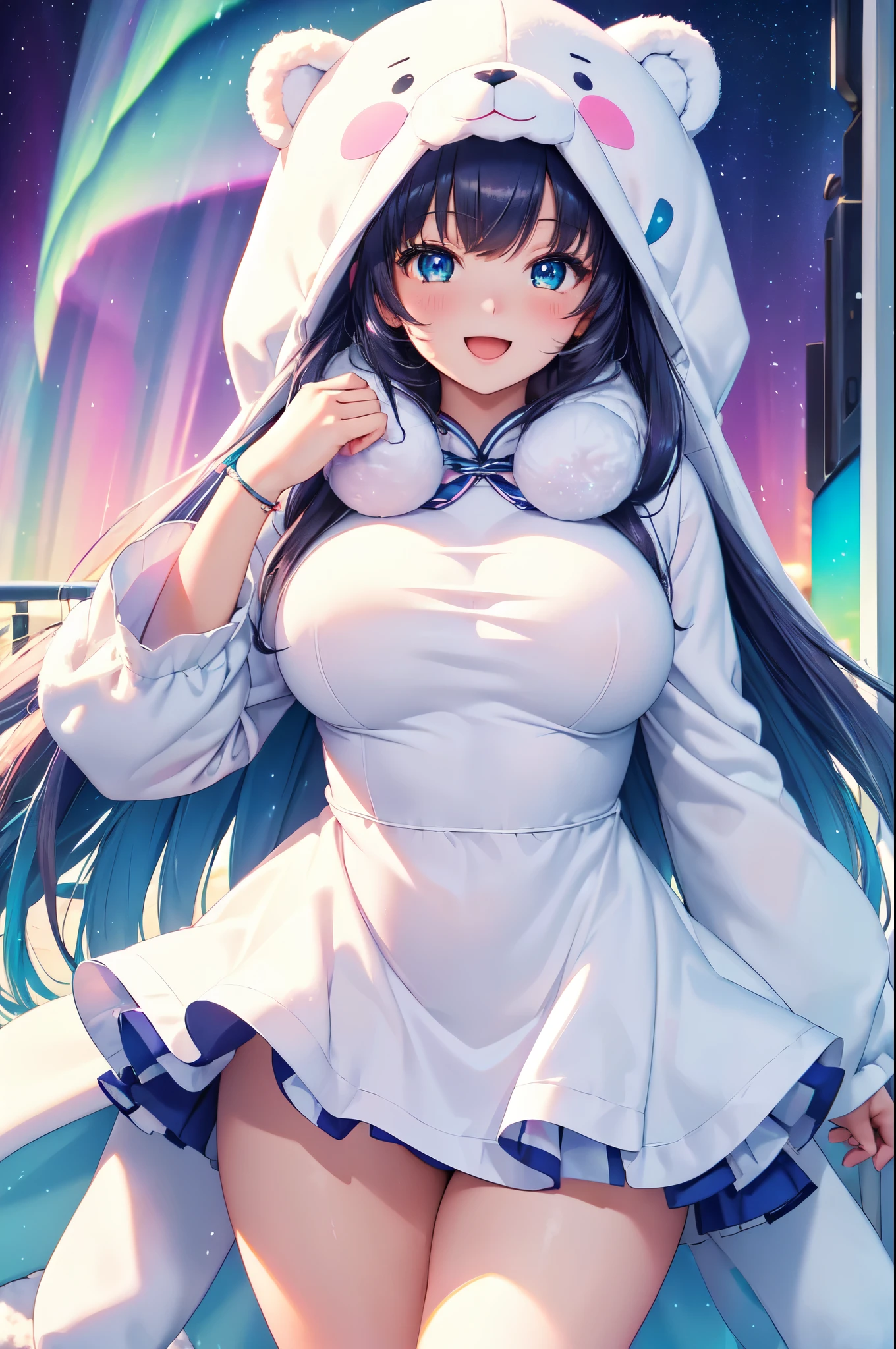 (High quality, High resolution, Fine details), (Fluffy white bear kigurumi), (Aurora Borealis), solo, curvy women, sparkling eyes, (Detailed eyes:1.2), smile, blush, (Open mouth), (Hot Breath), shallow depth of field
