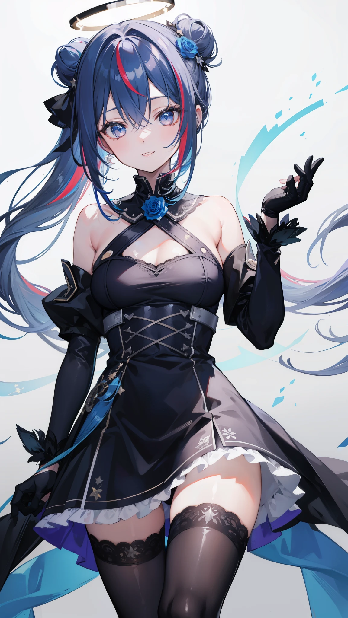 32k, 1girl, solo, long hair, breasts, bangs, hair ornament, thighhighs, gloves, dress, hair between eyes, bare shoulders, blue hair, flower, grey hair, multicolored hair, small breasts, frills, parted lips, black gloves, hair bun, black dress, streaked hair, tattoo, rose, halo, hand on own chest, single thighhigh, colored inner hair, blue thighhighs, official alternate hairstyle, official alternate hair length, star halo,
