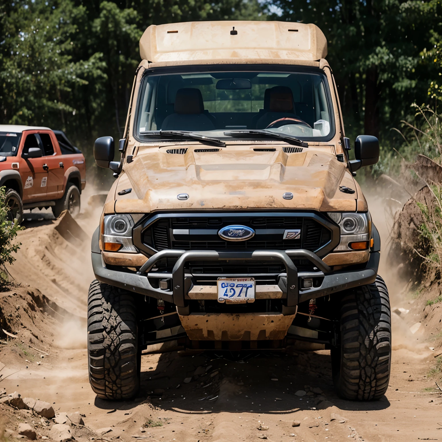 Automotive expert stands in front of a Ford vehicle at the venue of an off-road race.