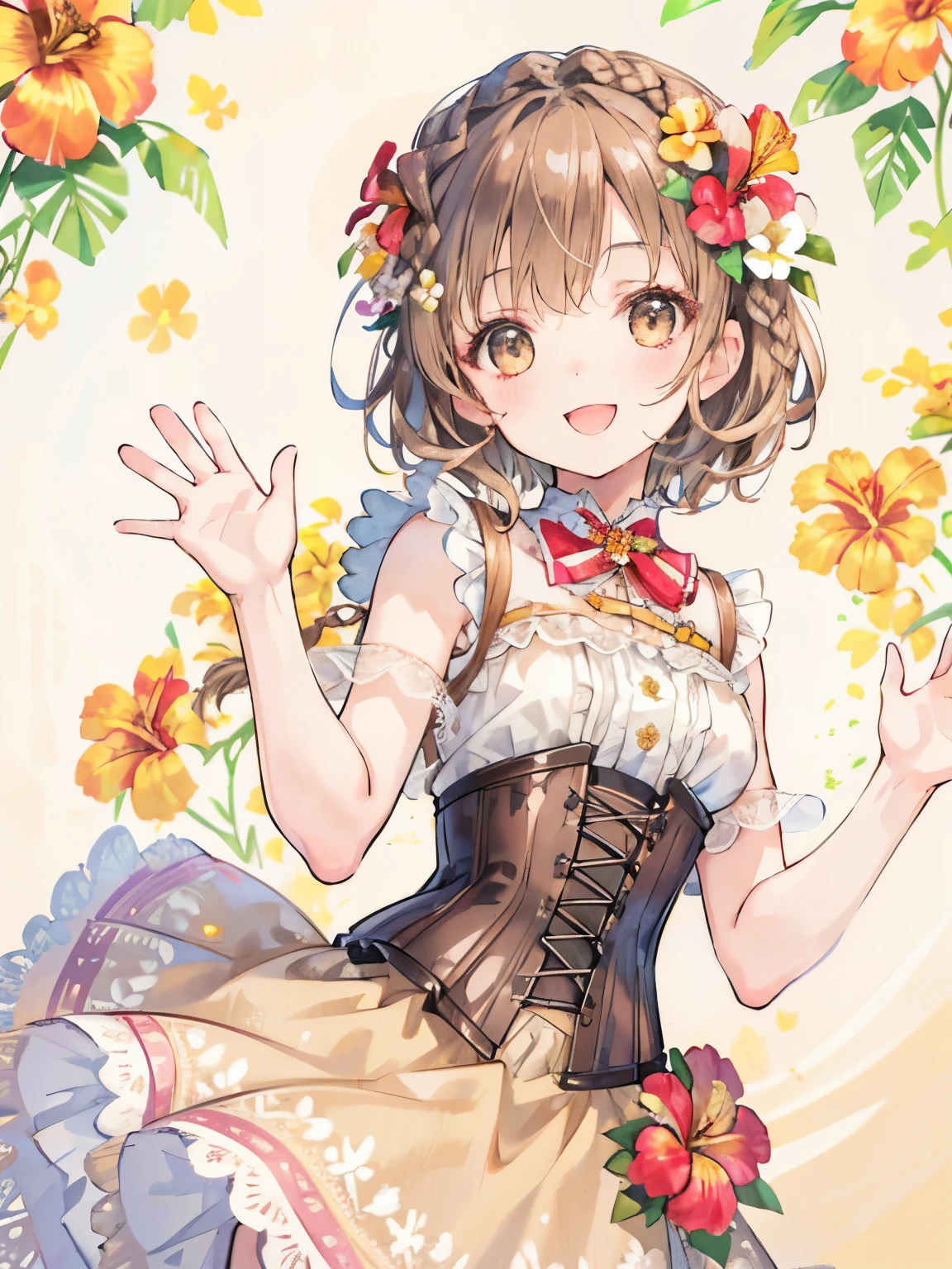girl,((light brown hair)),((short hair)),((braid:1.2)),tropical dress,((corset)),big smile,cute,close up of face,(Flower background:1.3),waving with joy
