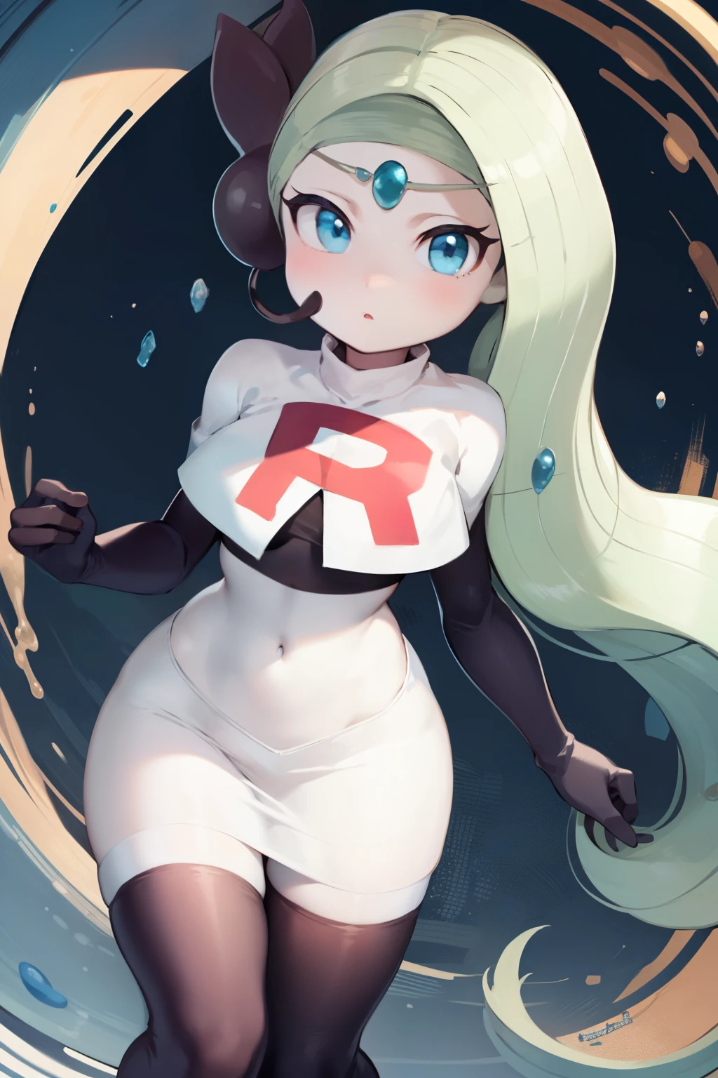 1girl, meloetta, pokemon \(creature\), white skin, blue eyes, team rocket,team rocket uniform,white skirt,red letter R,crop top,black thigh-highs,black elbow gloves