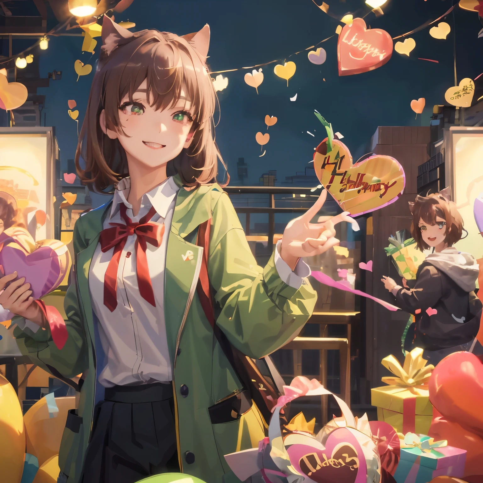 masterpiece、最high quality、最high quality、wizard&#39;s green clothes、brown hair cat ears girl、Charming Smile、Birthday Party、celebration、Storm of Hearts、valentine&#39;s day、fantasy、high quality、high resolution、Professional Artist