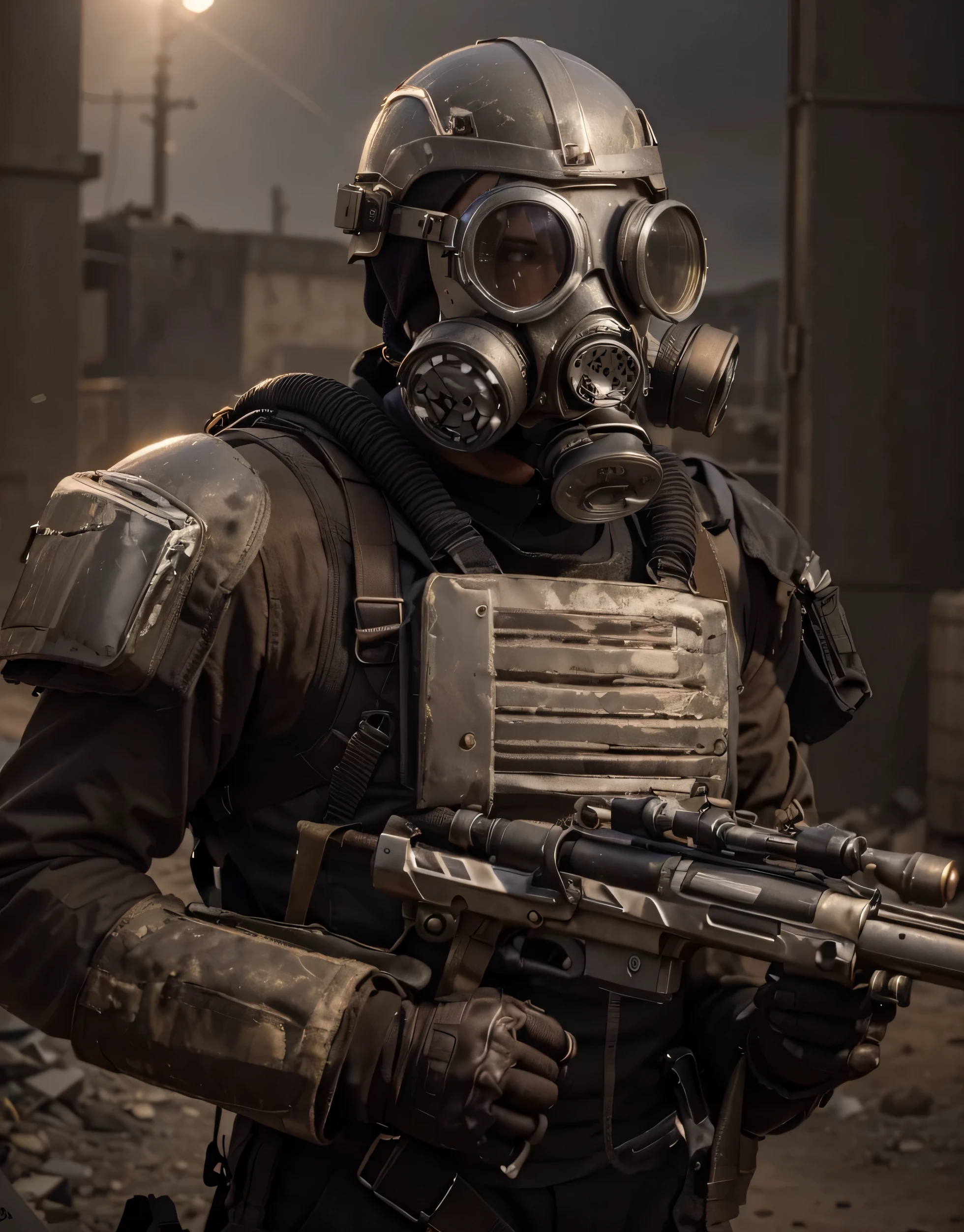 Soldado masculino, casco gris moderno, with round visors with purple glass and tactical gas mask, mono gris claro, metallic bulletproof vest, arneses y cinturones con municiones, Tubos y cables, guantes de cuero negro, sosteniendo un arma, is standing in the desert, big explosion of scarlet smoke, 4k, ultra detallado image, Realista, muy detallado, perfect composition, gorgeous, Intrincadamente detallado, incredibly detailed, 8 k artistic photography, hiper detallado, obra maestra, ultra detallado, hyper Realista, 4k , ultra detallado image, Realista, muy detallado, perfect composition, hermoso, Intrincadamente detallado, incredibly detailed, 8 k artistic photography, hiper detallado, obra maestra