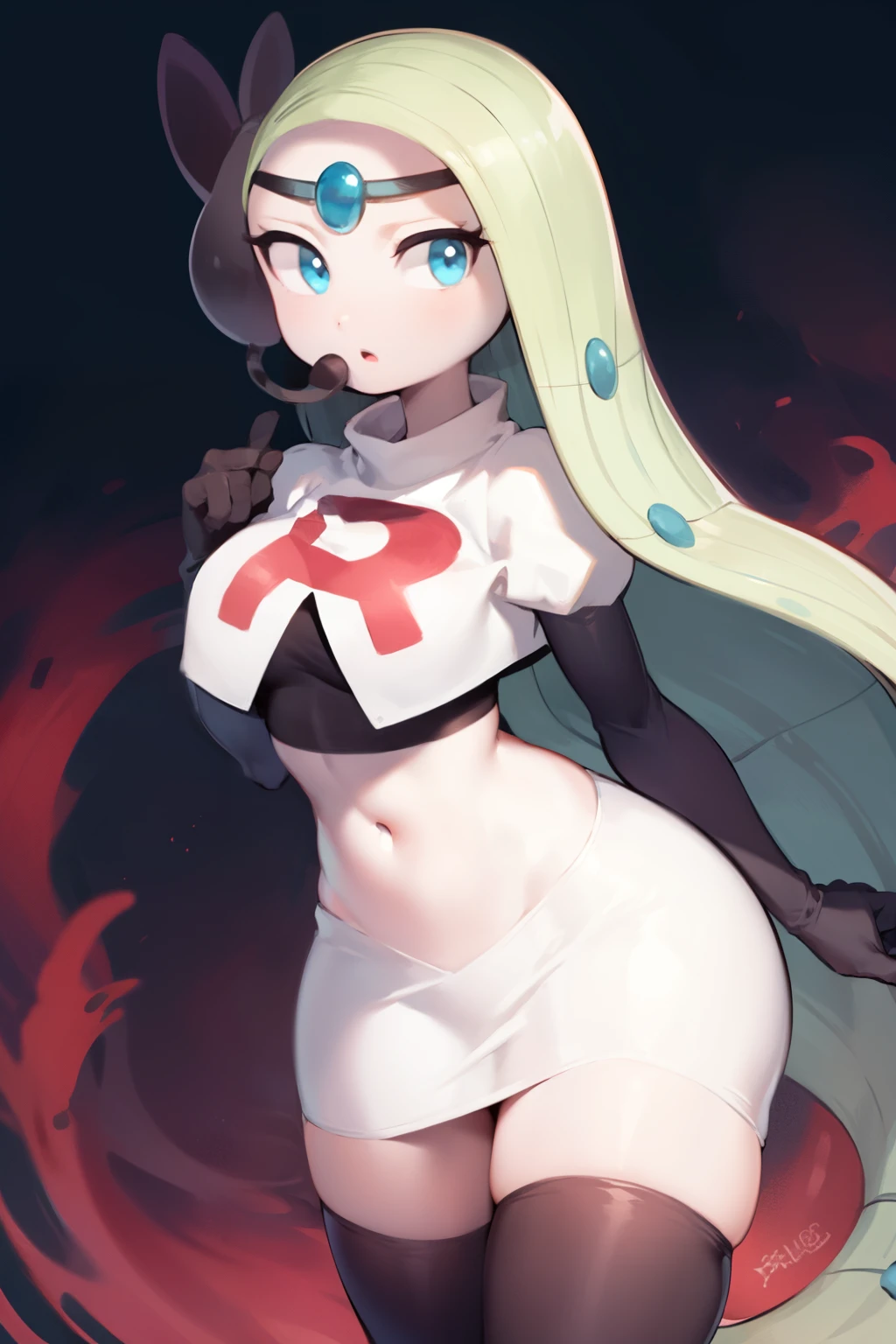 1girl, meloetta, pokemon \(creature\), white skin, blue eyes, team rocket,team rocket uniform,white skirt,red letter R,crop top,black thigh-highs,black elbow gloves