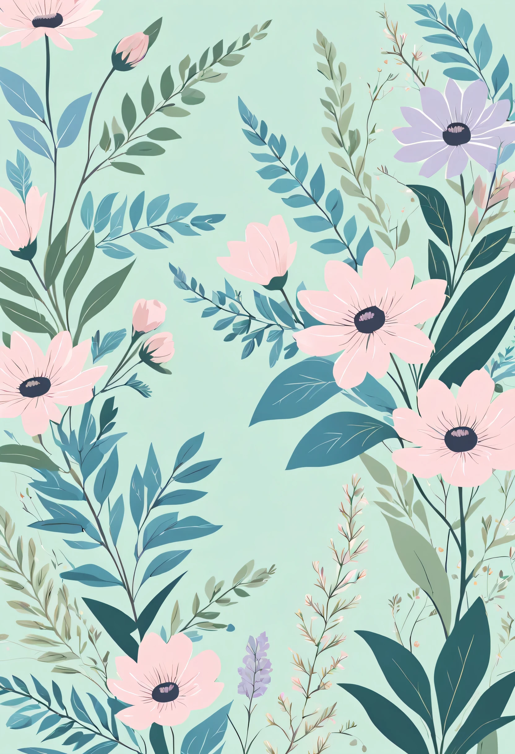 Small floral design, botanical style, label style, flat style, vector style, drawing style, naïve style, in very soft pastel colors, such as pink, Pastel purple, pastel green, pastel blue, light blue, beige, light pastel pink