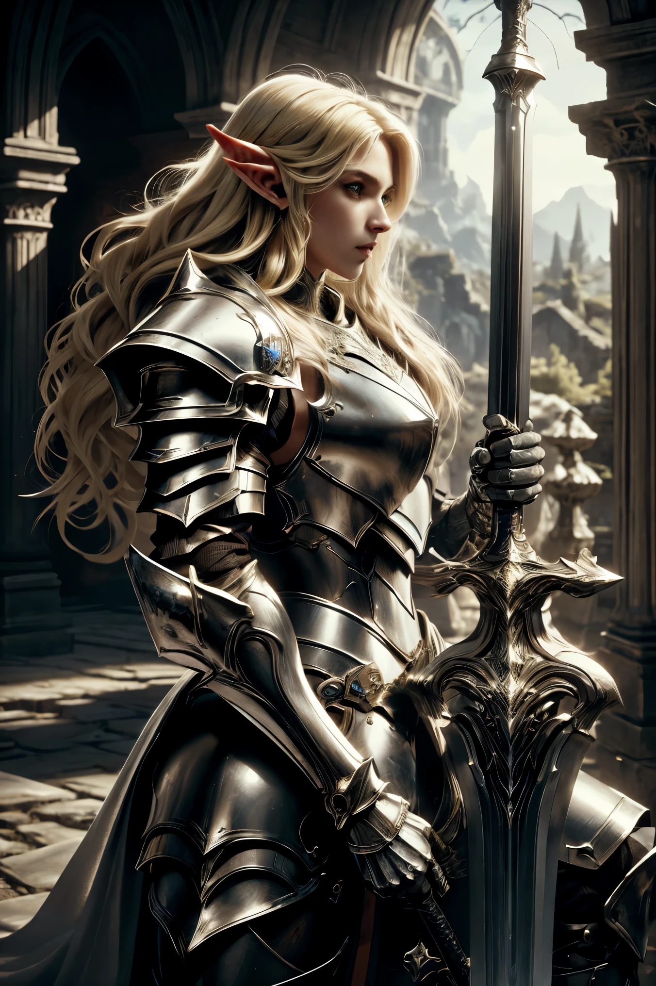 ultra detailed 8k, masterpiece, one men elf knight, riding horse, high elf,  detailed face, long blonde hair, plate armor, holding sword, perfect  horse legs