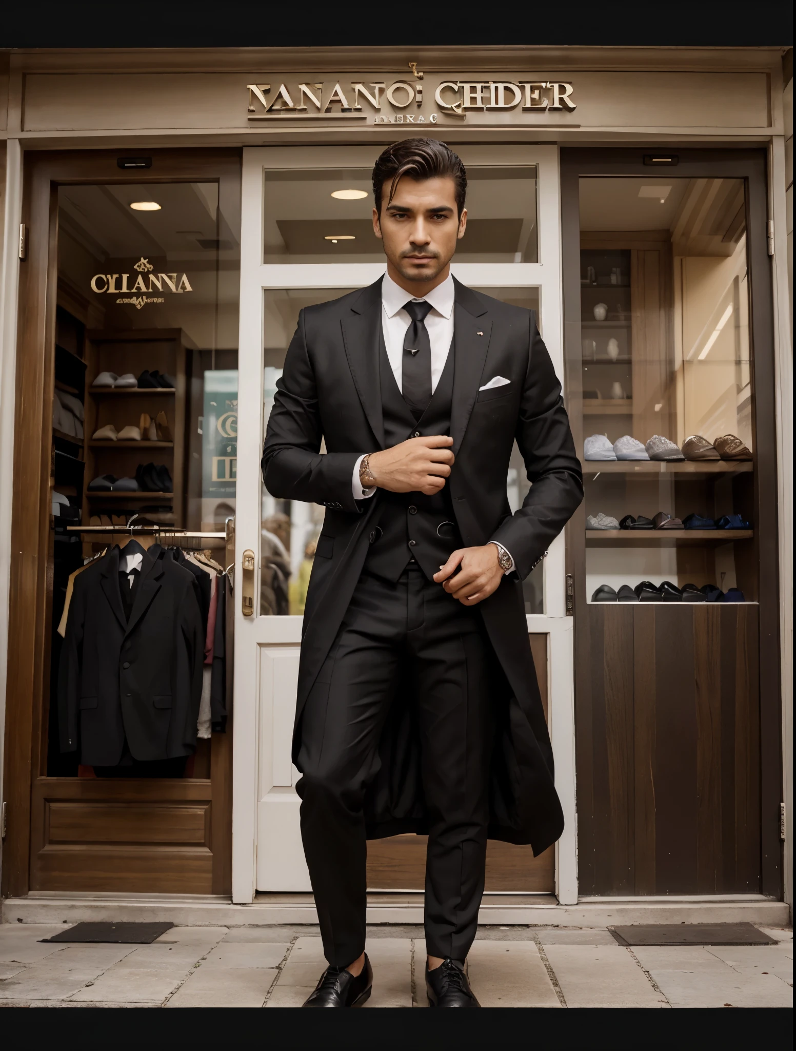 Genera un banner realista y lujoso para 'Vanguardia Masculina,&#39;a men&#39;s accessories store in Spanish. Highlight the sophistication, exclusividad y elegancia. Evita estilos de caricaturas. Make sure the images reflect the premium quality of our products. Opt for a rich black color palette to enhance the luxurious feel. Maximum attention to details. Include images that highlight the store name, como el nombre escrito en la fachada, for a more impressive impression. Impresiona a nuestra audiencia con una apariencia visual refinada y profesional.
