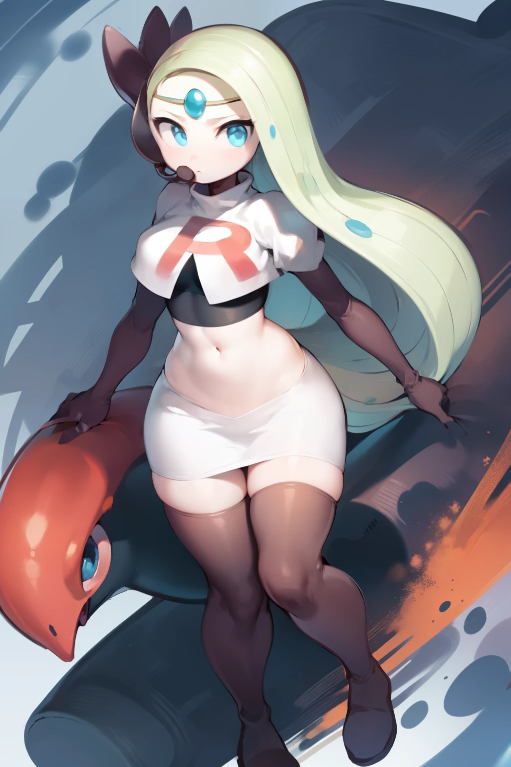 1girl, meloetta, pokemon \(creature\), white skin, blue eyes, team rocket,team rocket uniform,white skirt,red letter R,crop top,black thigh-highs,black elbow gloves