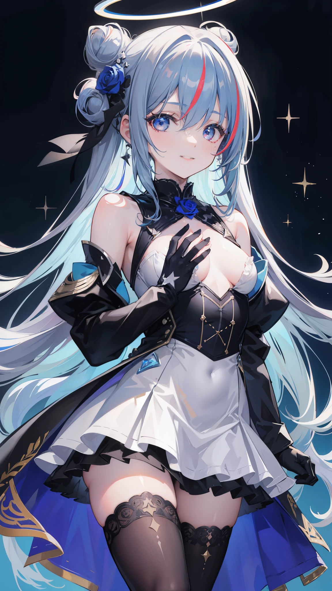 32k, 1girl, solo, long hair, breasts, bangs, hair ornament, thighhighs, gloves, dress, hair between eyes, bare shoulders, blue hair, flower, grey hair, multicolored hair, small breasts, frills, parted lips, black gloves, hair bun, black dress, streaked hair, tattoo, rose, halo, hand on own chest, single thighhigh, colored inner hair, blue thighhighs, official alternate hairstyle, official alternate hair length, star halo, ((smile)), 