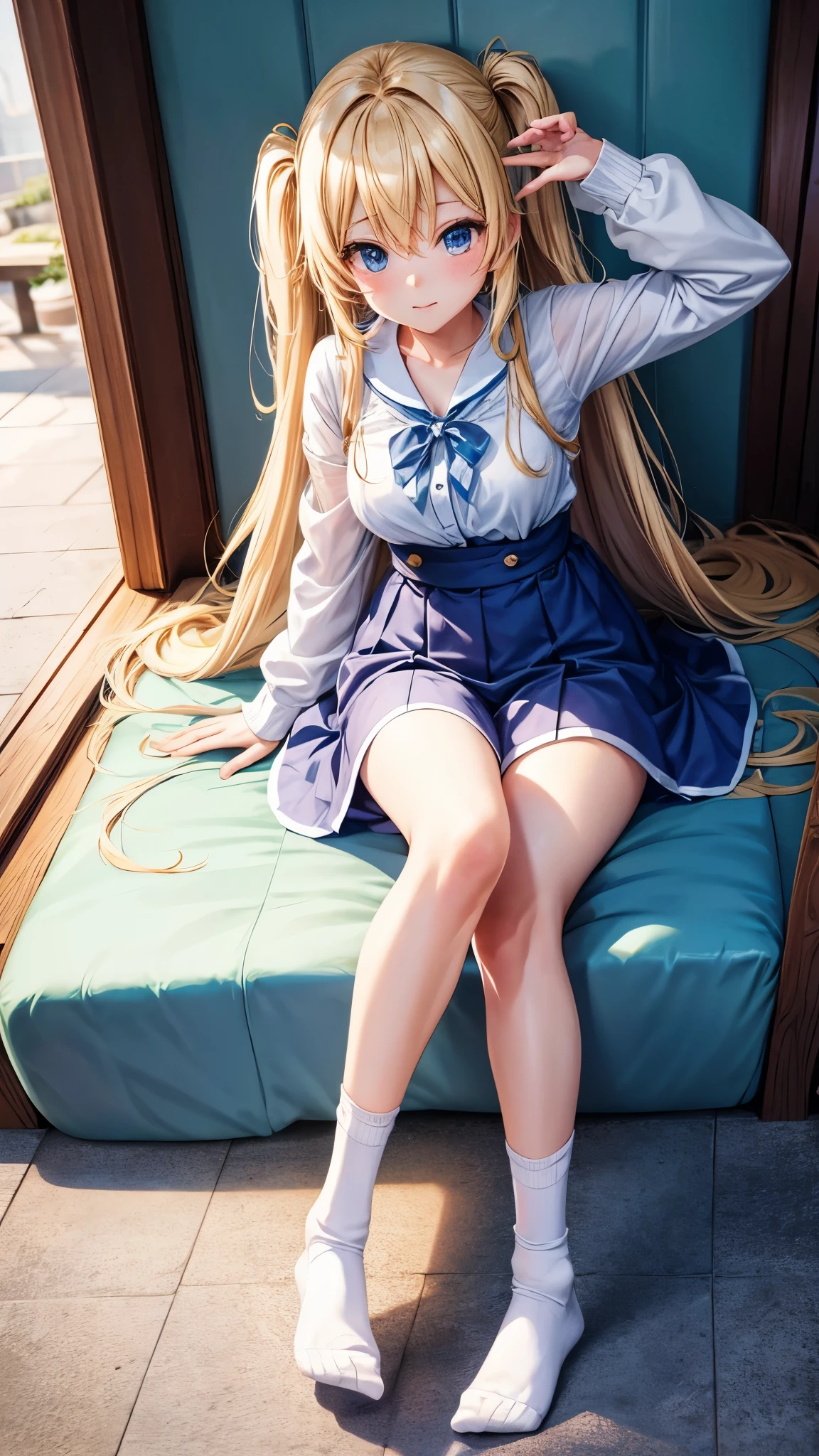 Cute anime girl, Strumpfhose, blonde Haare, blaue Augen, Sonnenschein, Socken, Feet tied