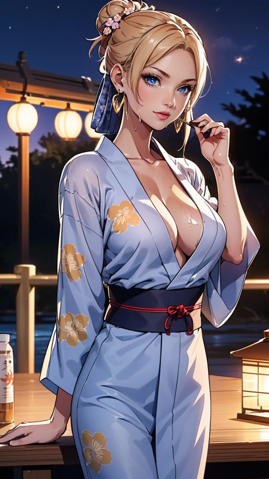 ((austere, (model, muse, goddess, stunning, seductive), ((floral yukata blue, yukata, print floral)), hair ornament, summer festival, fireworks, night, temple, parading, stunning, seductive, muse, goddess, model, sensual)), (1girl, solo, Reina Morimoto, morimoto_reina, (blue eyes, hair bun, high bun of hair), lipstick, gold earrings)), ((muscular, fitness)), mole on the face, sensual pose, oily, wet body, Beautiful