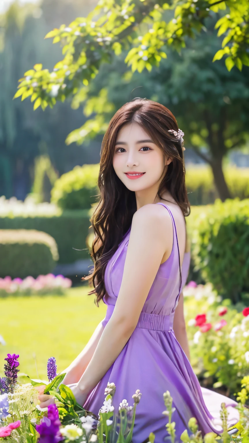 realistic photo art
a beautiful woman with long hair smiling wearing a purple dress is riding a white horse in a beautiful flower garden.
realistic 8k ultra hd details
