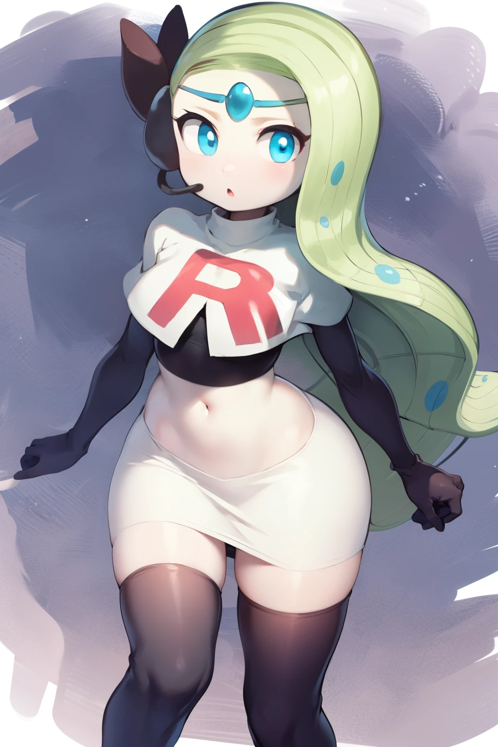 1girl, meloetta, pokemon \(creature\), white skin, blue eyes, team rocket,team rocket uniform,white skirt,red letter R,crop top,black thigh-highs,black elbow gloves