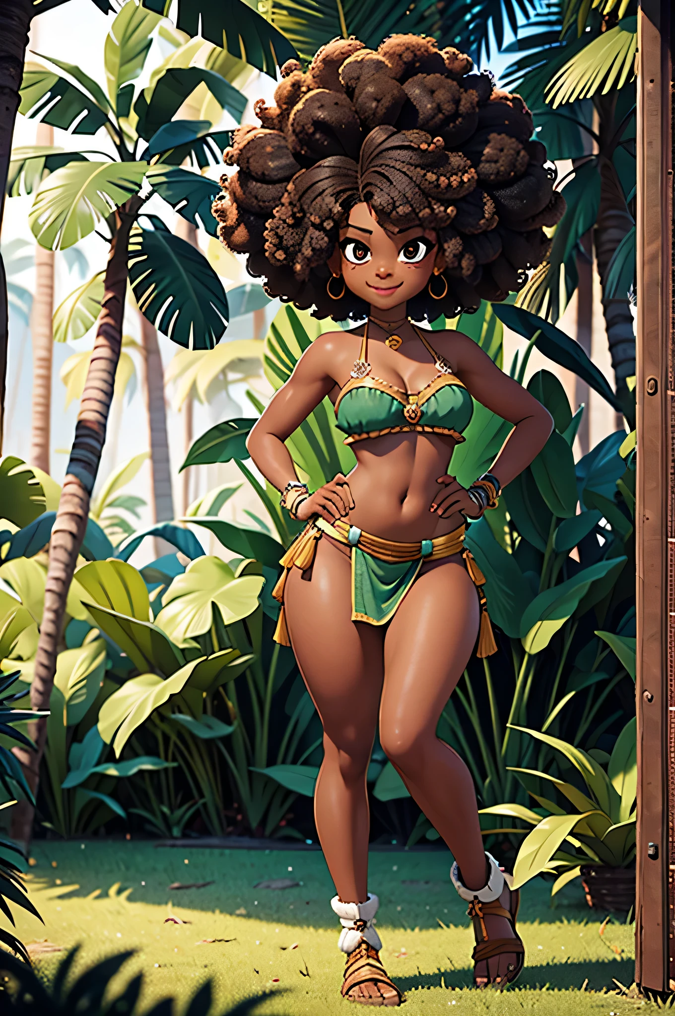 HD, dark skinned, young girl, age 8, humanoid, honey, brown eyes, (((brown eyes))), black afro hair, (((afro hair))), Jackie Parris, ((((Jackie Parris)))), full body cgsociety, 3 d character art, full character body, detailed full body concept, stylized character, erotica, ((young girl, 1girl, age 8)), ((complex detailed background, jungle, outside)), chubby, small, short, action pose, smiling, wearing grass skirt and loincloth, tribal