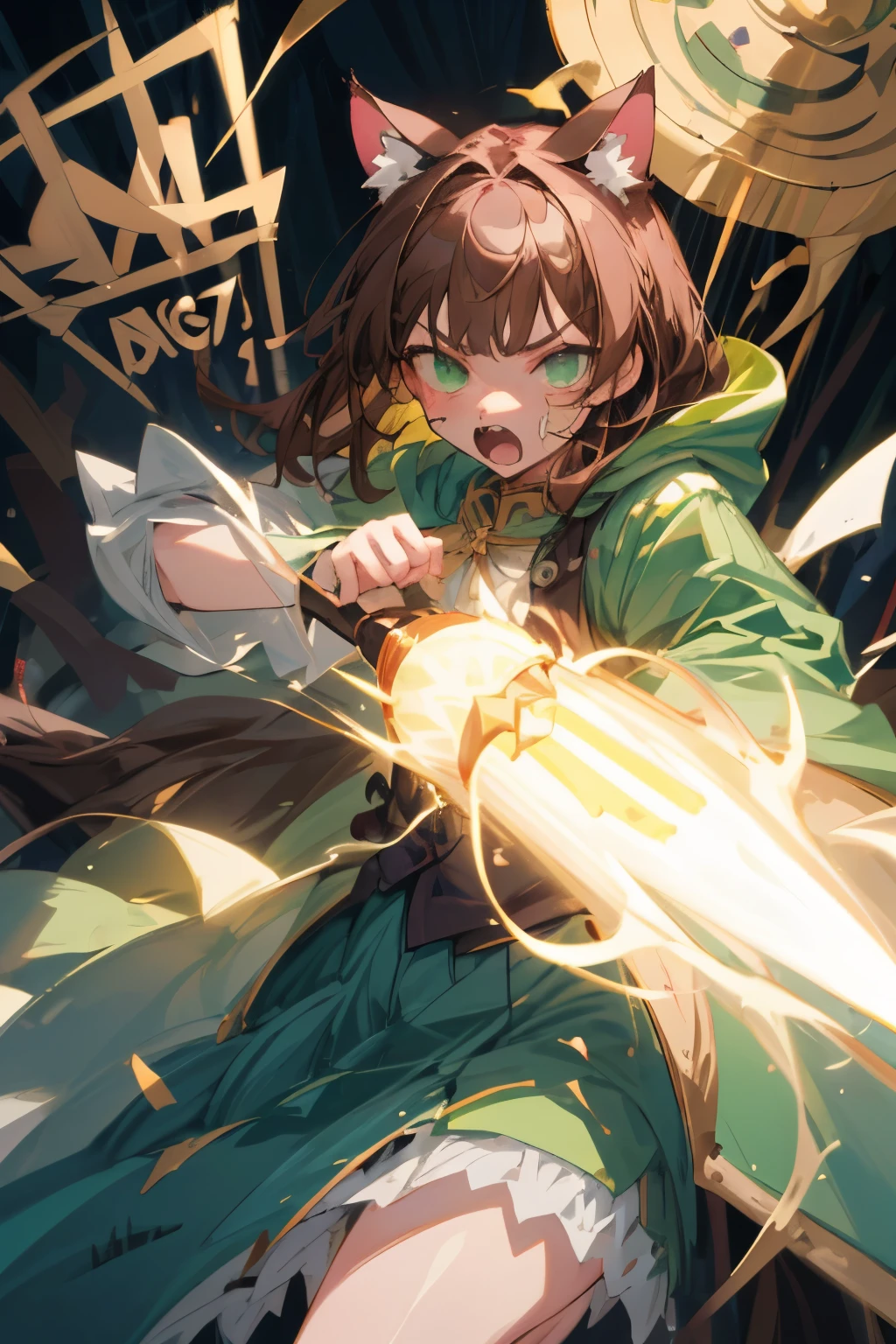 masterpiece、最high quality、最high quality、wizard's green clothes、brown hair cat ears girl、Fierce attack with a magic wand and full of anger.、Birthday Party、celebration、Splattering Hearts、valentine's day、fantasy、high quality、high resolution、Professional Artist