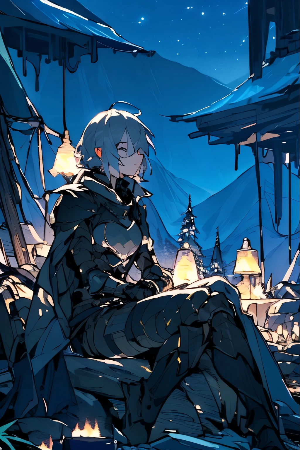 (best quality,4k,8k,highres,masterpiece:1.2), fantasy, Gray haired female knight, night, sitting on a campfire overlooking mountains.